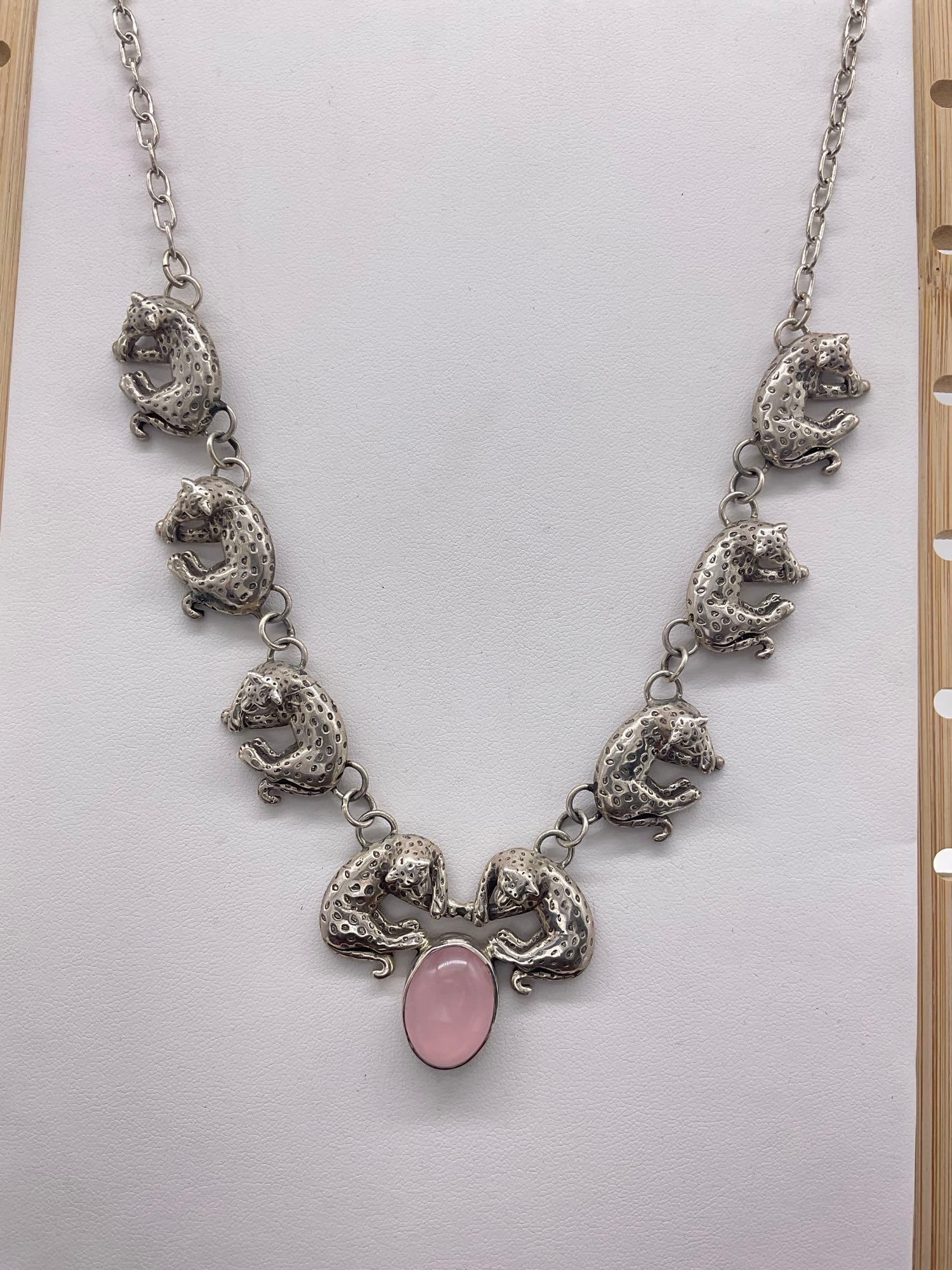 1990 sterling silver Carol Felley gorgeous leopard statement necklace w/pink rose quartz setting - 2