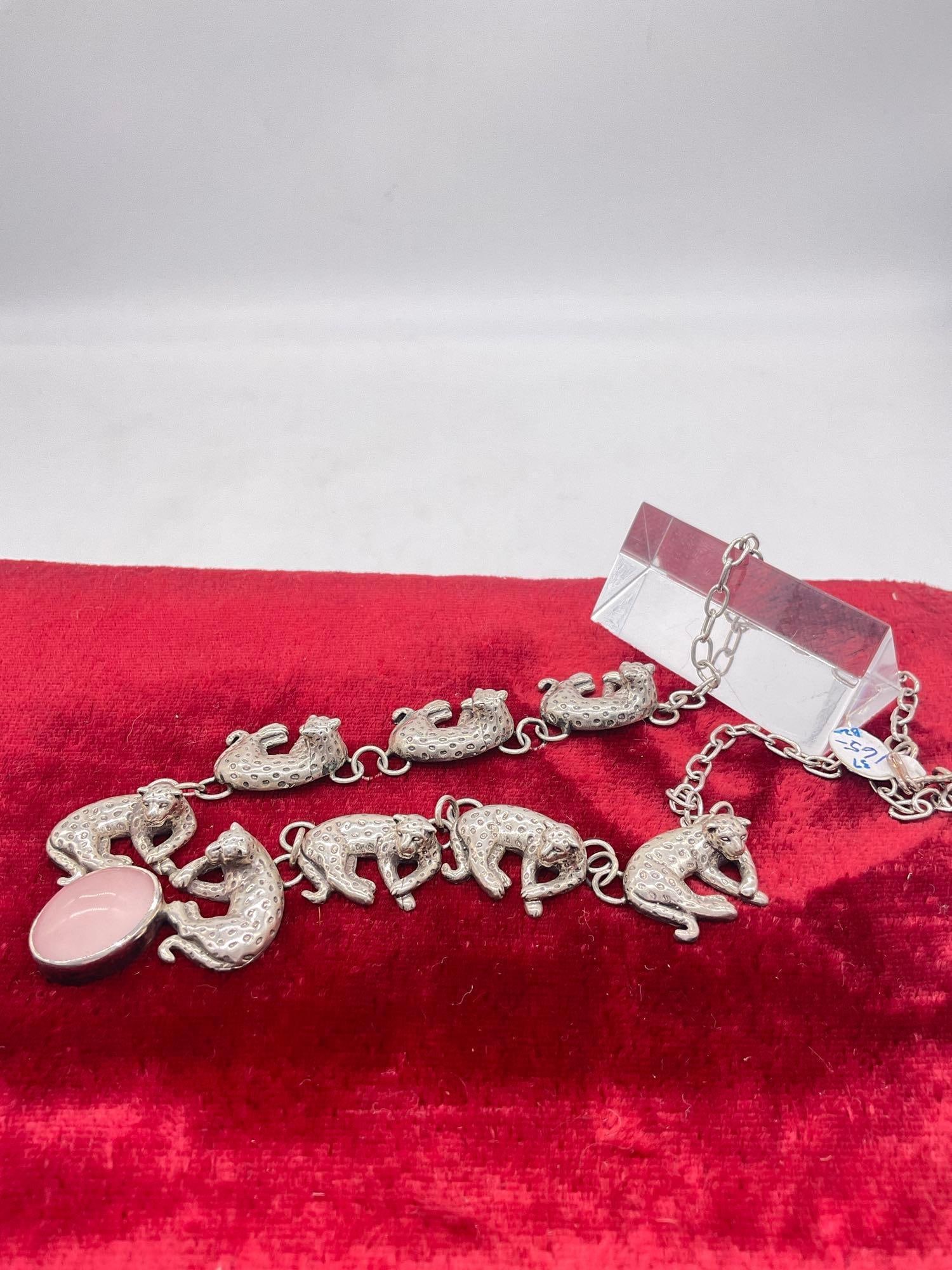 1990 sterling silver Carol Felley gorgeous leopard statement necklace w/pink rose quartz setting - 3