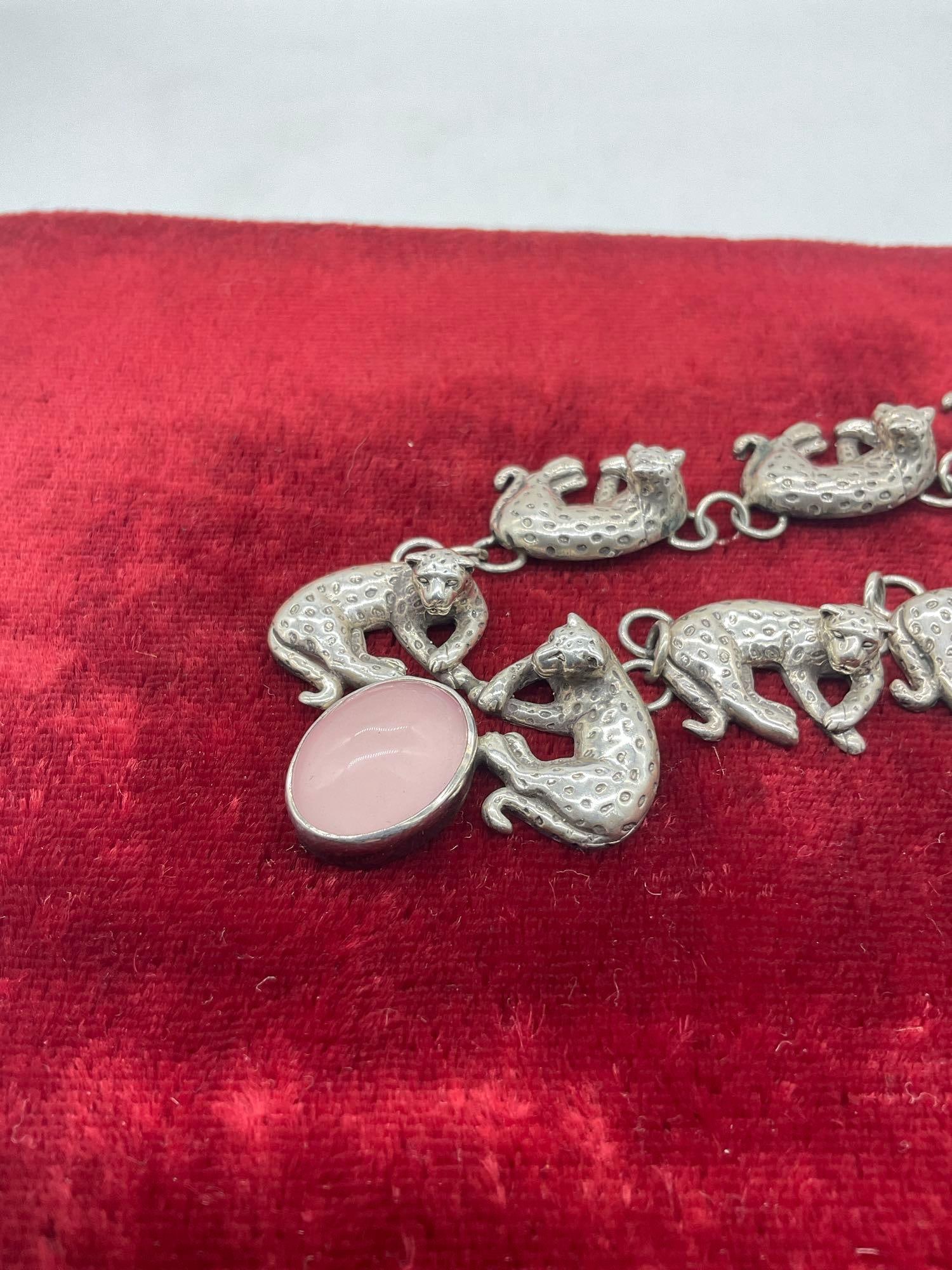 1990 sterling silver Carol Felley gorgeous leopard statement necklace w/pink rose quartz setting - 4