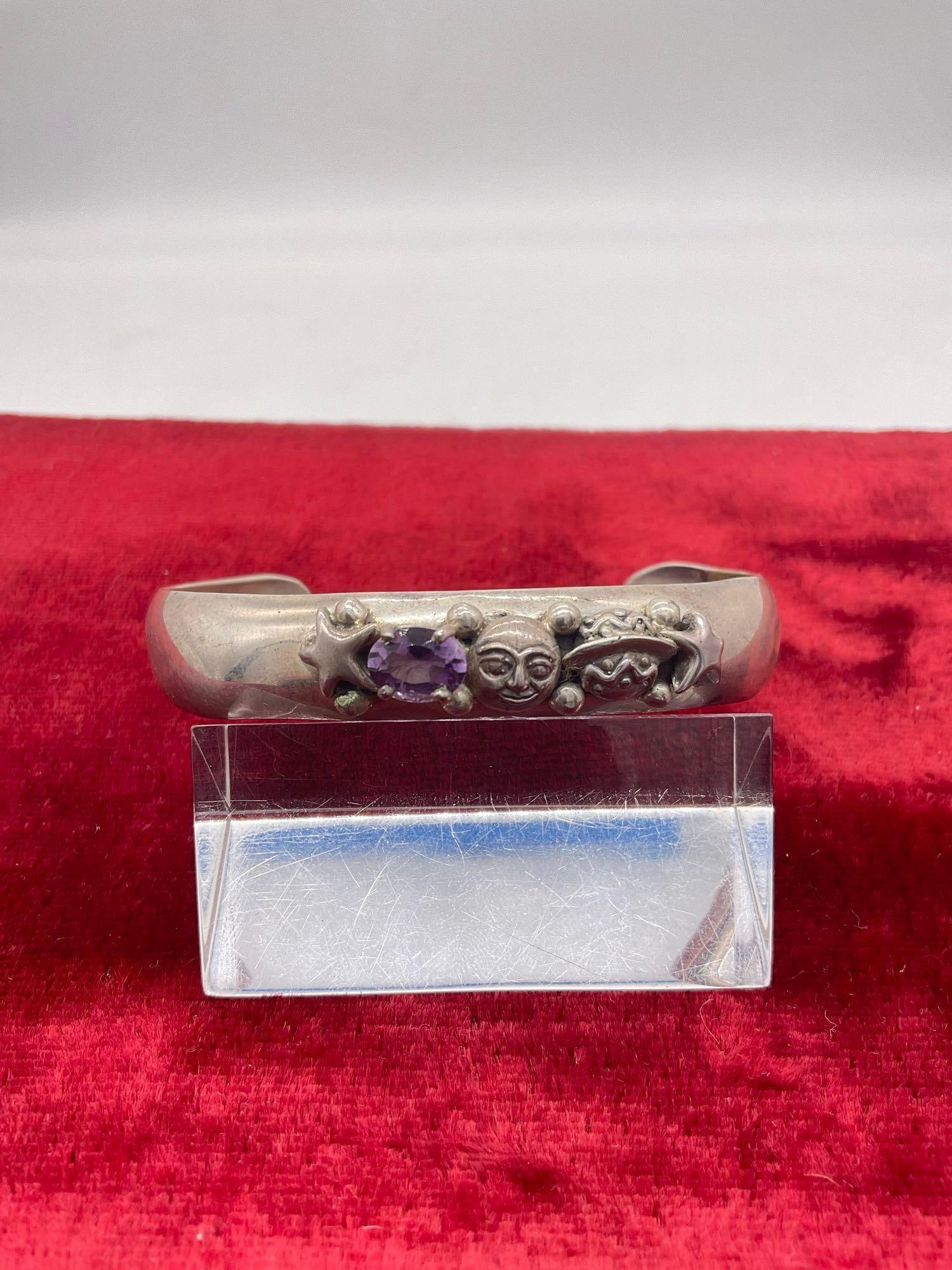 Vintage 1986 Carol Felley Moon and Stars amethyst crystal Sterling silver bracelet: Approx 3 x 2 1/2" and approx 20 grams ttw