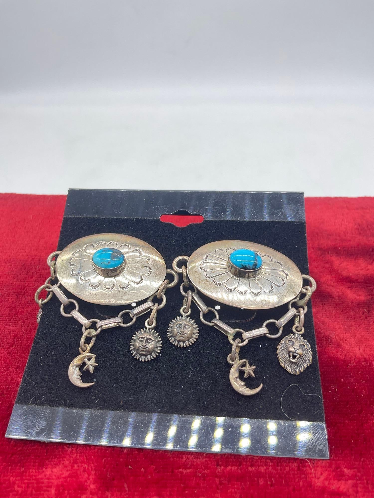 Vintage Carol Felley Sterling silver Native American designed turquoise earrings with charms: Approx 1.5" wide