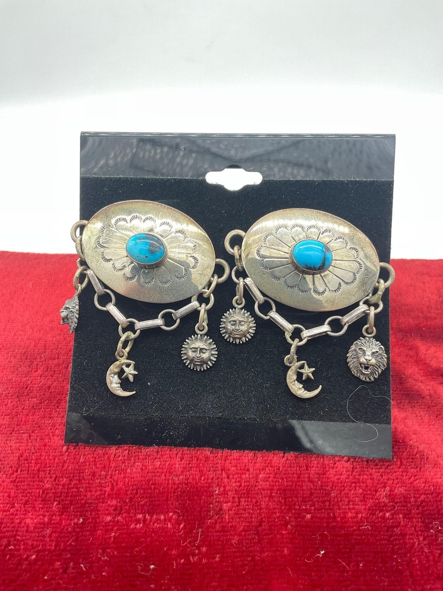 Vintage Carol Felley Sterling silver Native American designed turquoise earrings with charms - 2