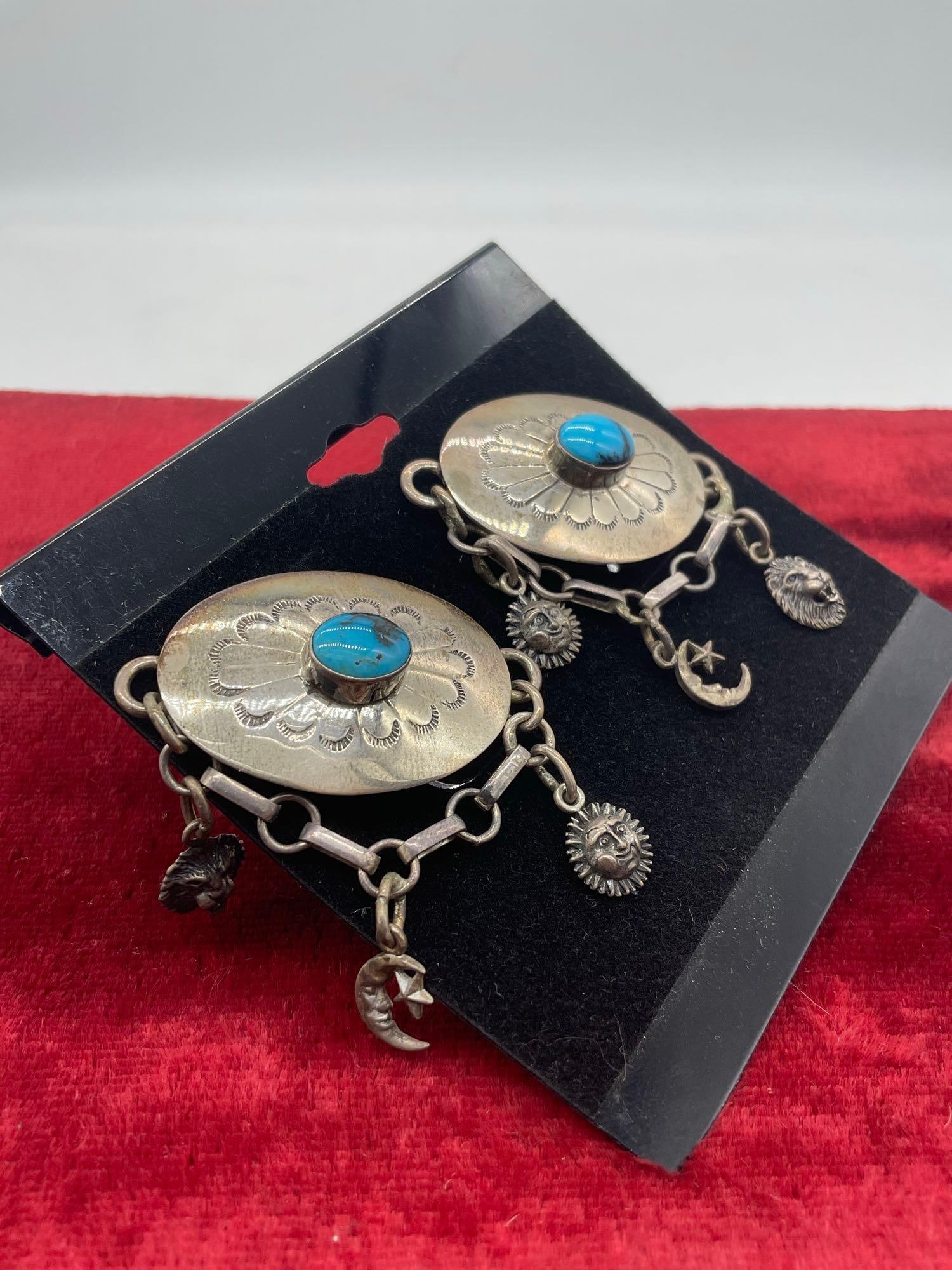 Vintage Carol Felley Sterling silver Native American designed turquoise earrings with charms - 3