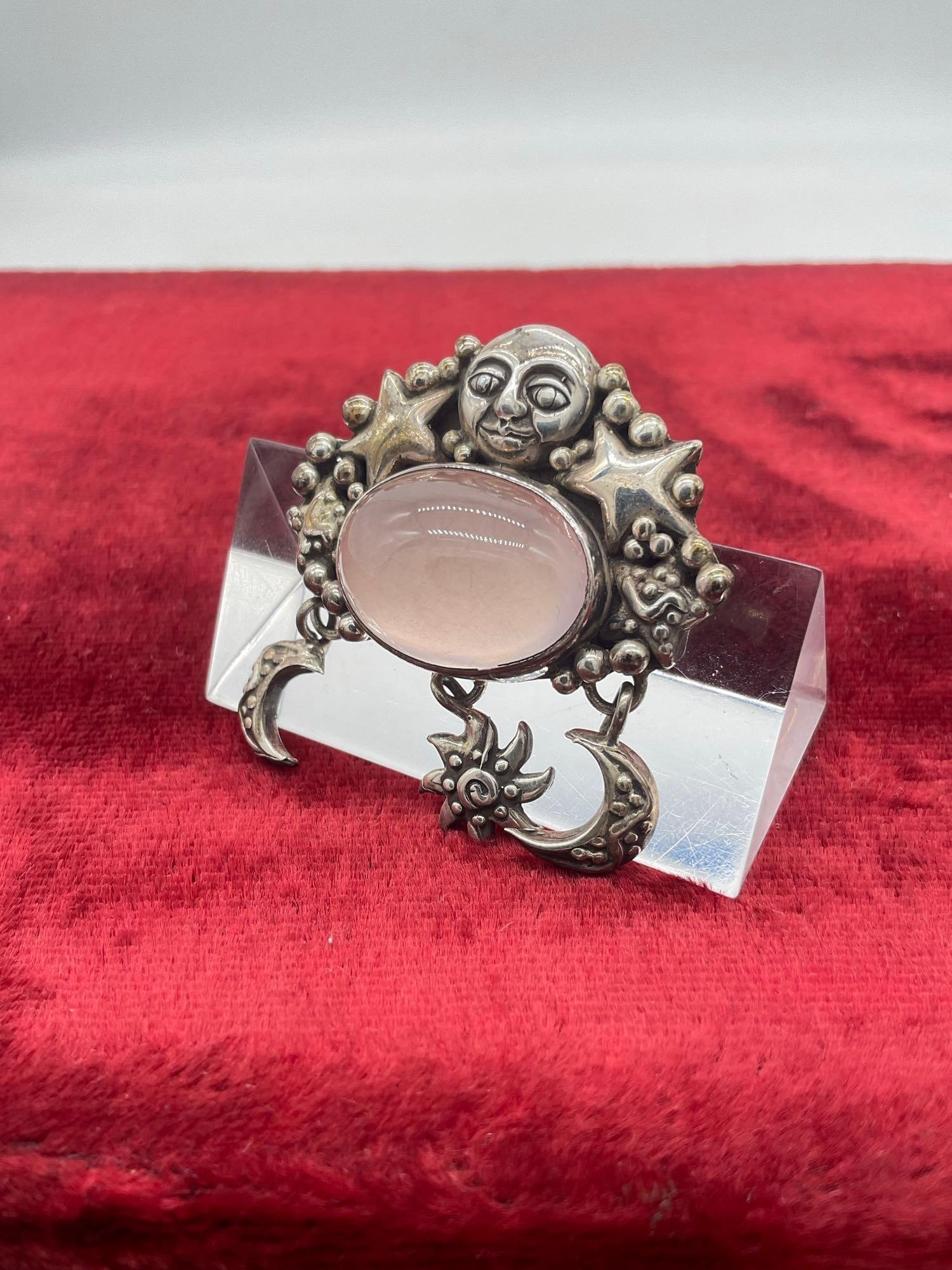 Vintage 1991 Carol Felley sterling silver Native American designed Sun, stars and moon brooch - 3
