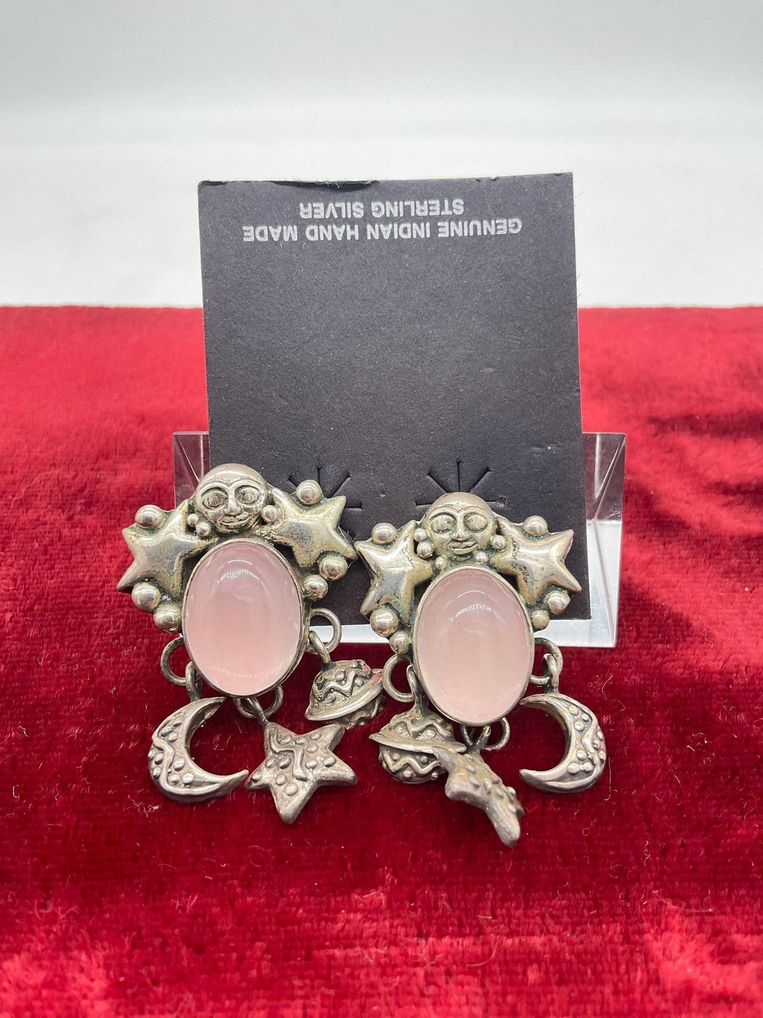 Vintage Carol Felley sterling silver Native American designed Sun, stars and moon clip on earrings: Approx 26 grams ttw