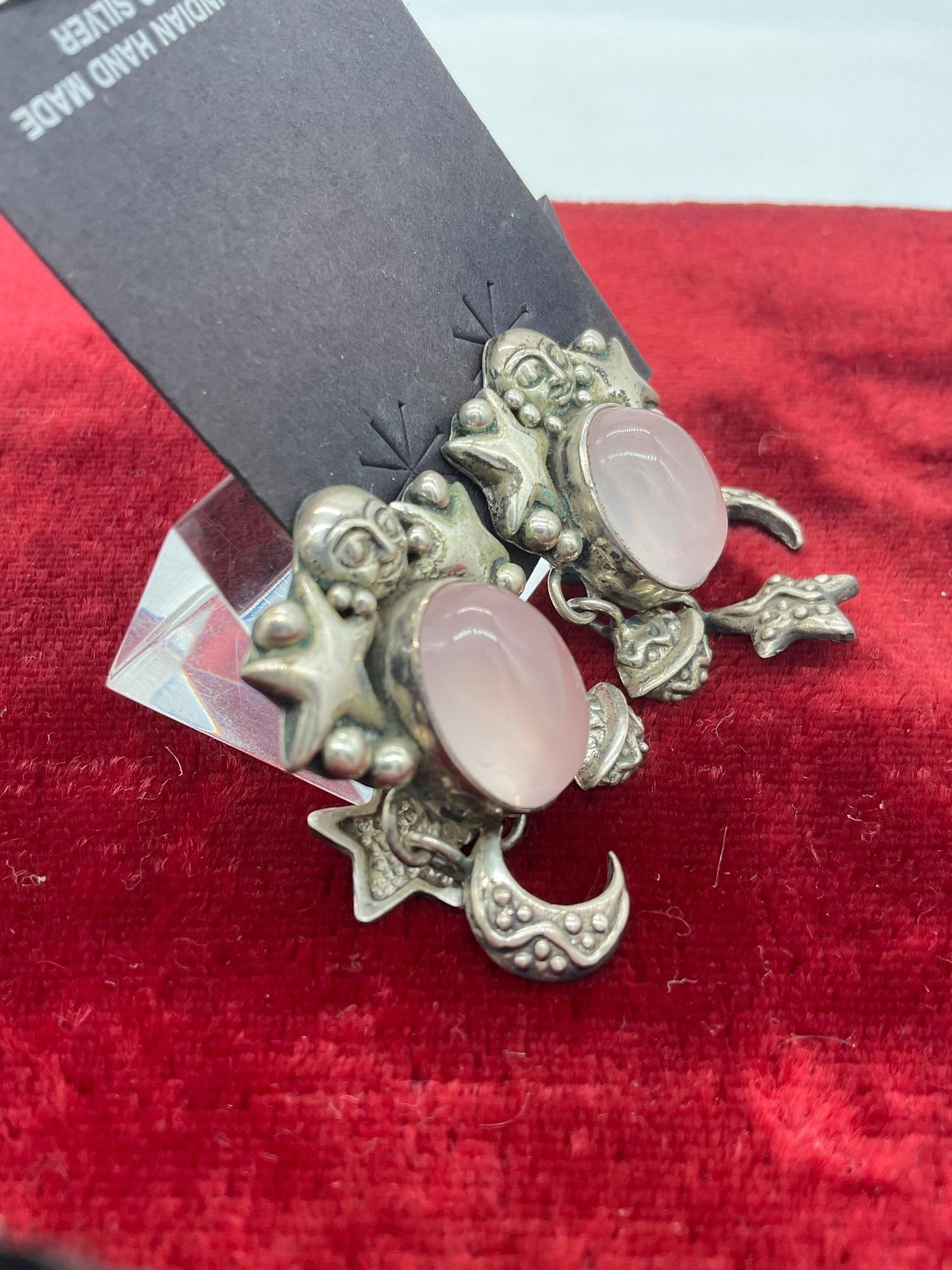 Vintage Carol Felley sterling silver Native American designed Sun, stars and moon clip on earrings - 2
