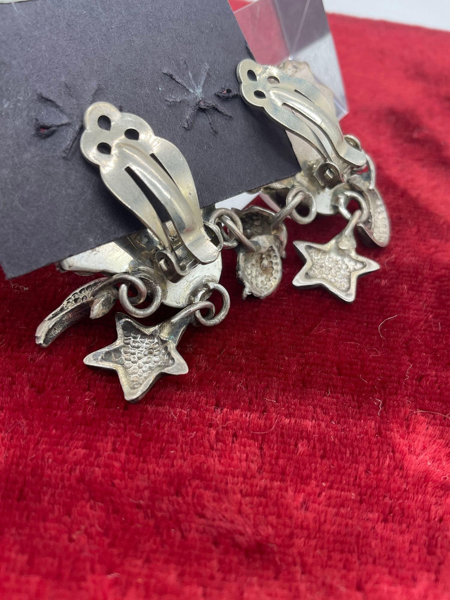 Vintage Carol Felley sterling silver Native American designed Sun, stars and moon clip on earrings - 3