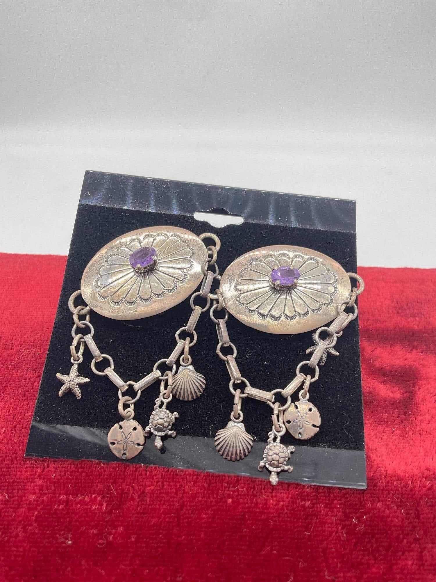 Lovely sterling silver Carol Felley Native American designed concho earrings with charms (1 of 2)