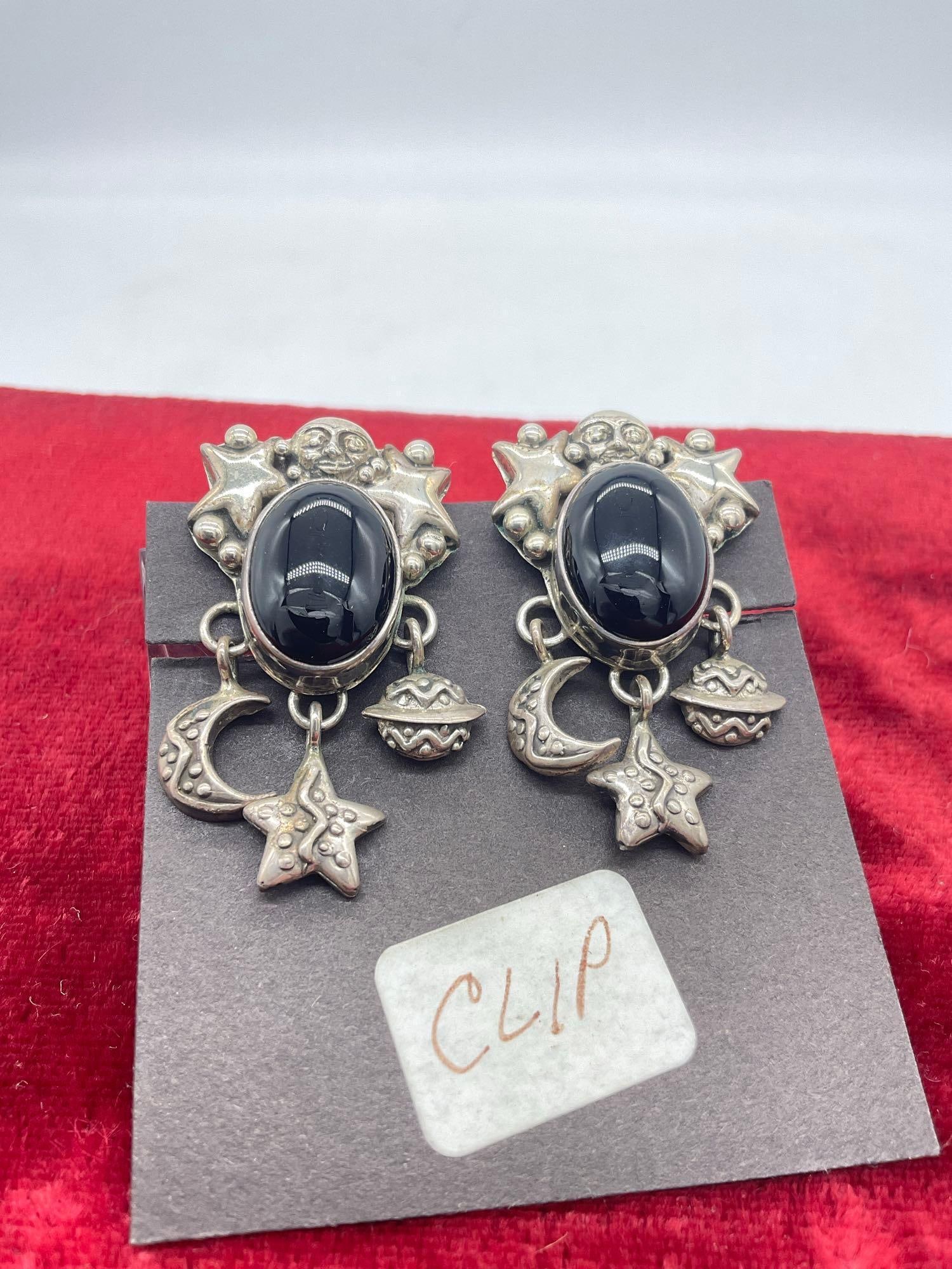 Vintage Carol Felley sterling silver Native American designed Sun, stars and moon clip on earrings: Approx 26 grams ttw