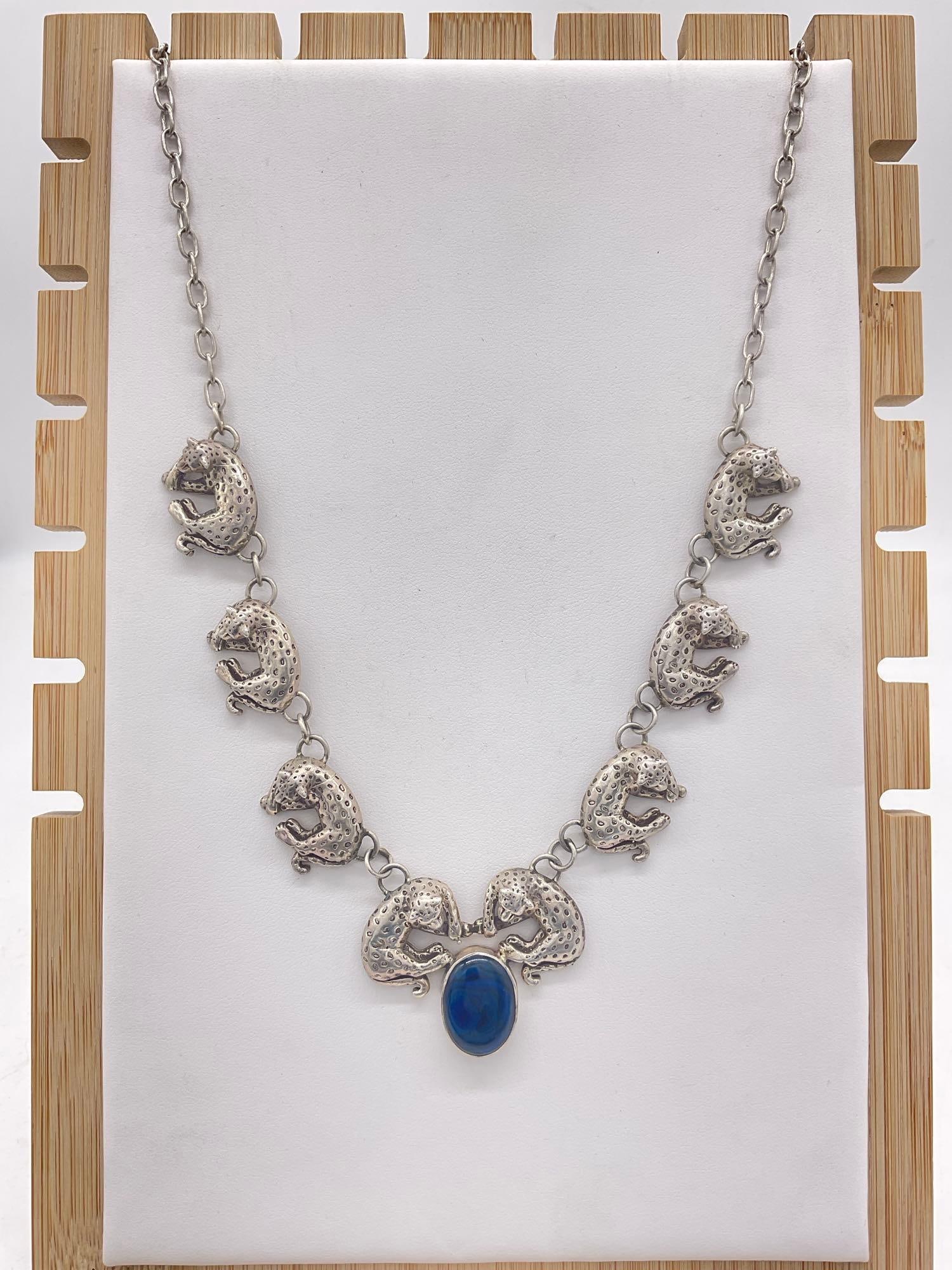 1990 Carol Felley Sterling silver Leopard statement bib necklace w/ dyed shell cabochon setting: Approx 18" in length total and approx 50 grams ttw