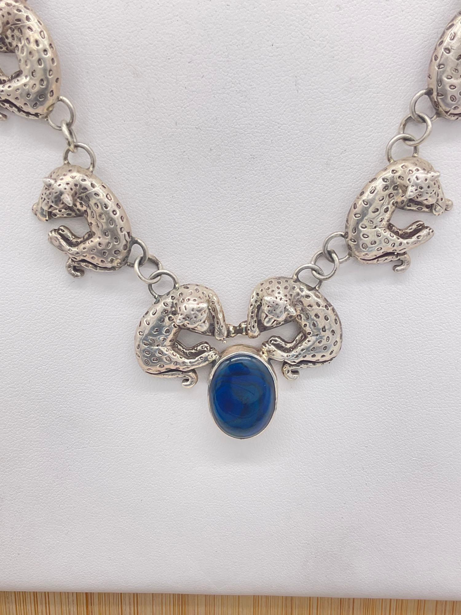 1990 Carol Felley Sterling silver Leopard statement bib necklace w/ dyed shell cabochon setting - 2