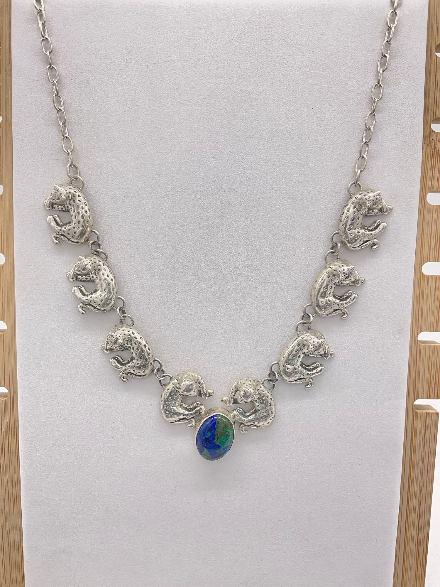 1990 Carol Felley Sterling silver Leopard statement bib necklace w/ lapis cabochon setting: Approx 18" in length and approx 50 grams ttw