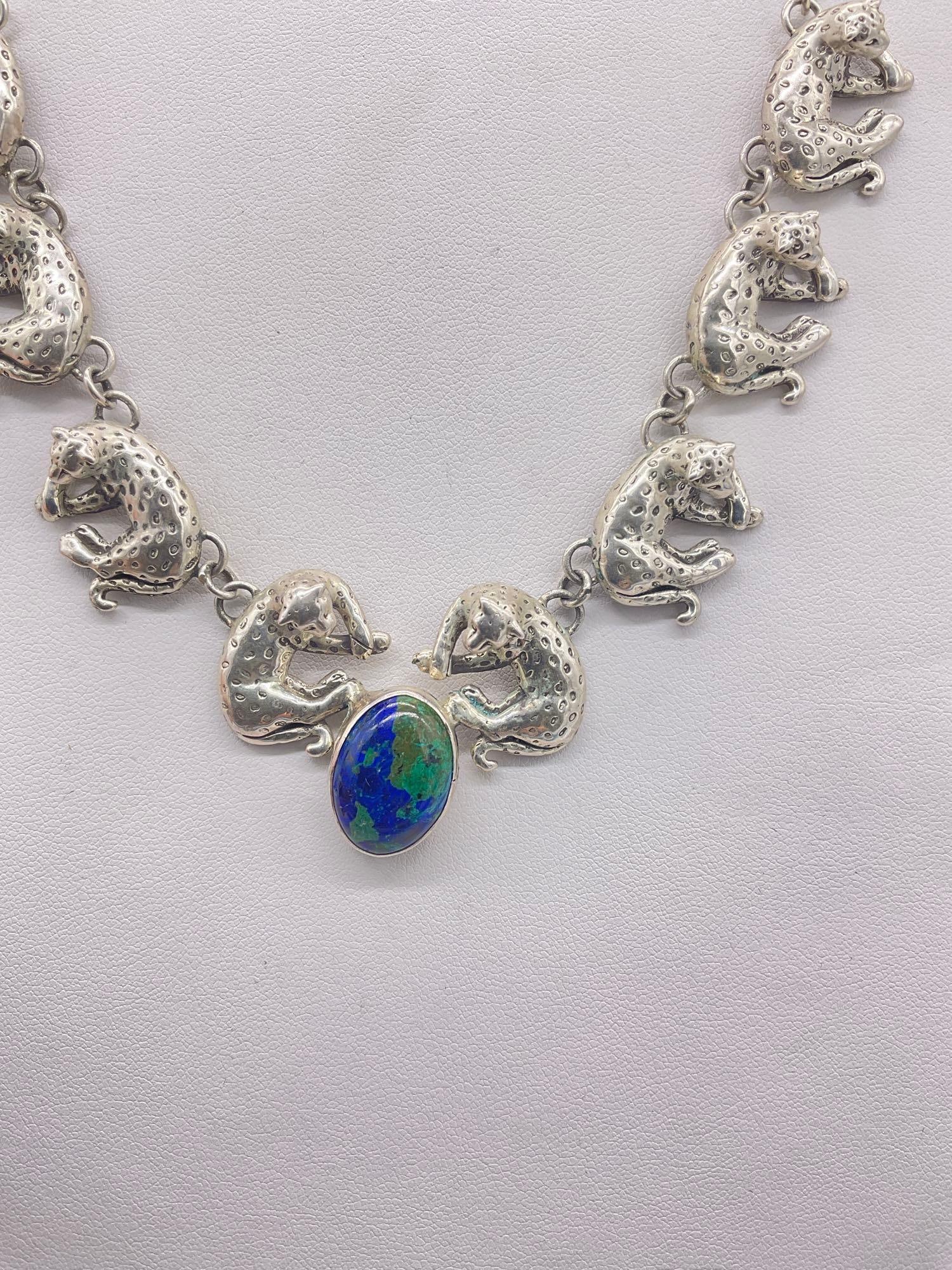 1990 Carol Felley Sterling silver Leopard statement bib necklace w/ lapis cabochon setting - 2