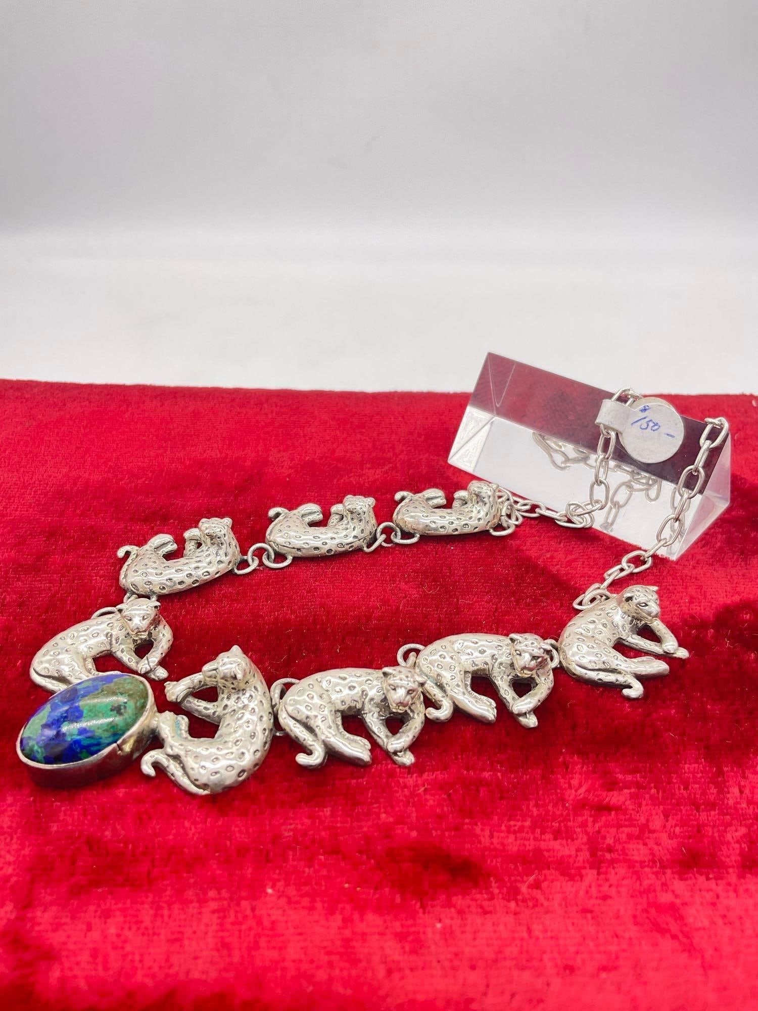 1990 Carol Felley Sterling silver Leopard statement bib necklace w/ lapis cabochon setting - 3