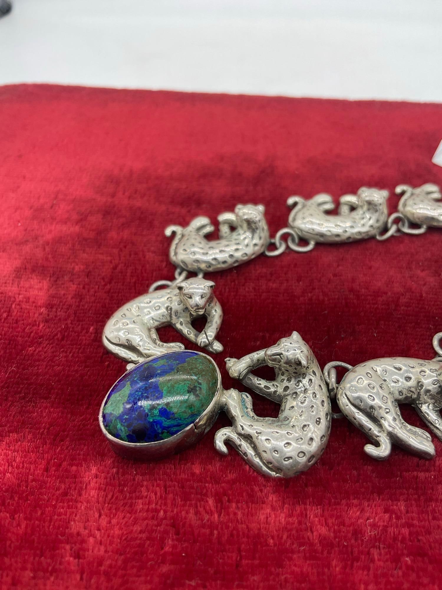1990 Carol Felley Sterling silver Leopard statement bib necklace w/ lapis cabochon setting - 4