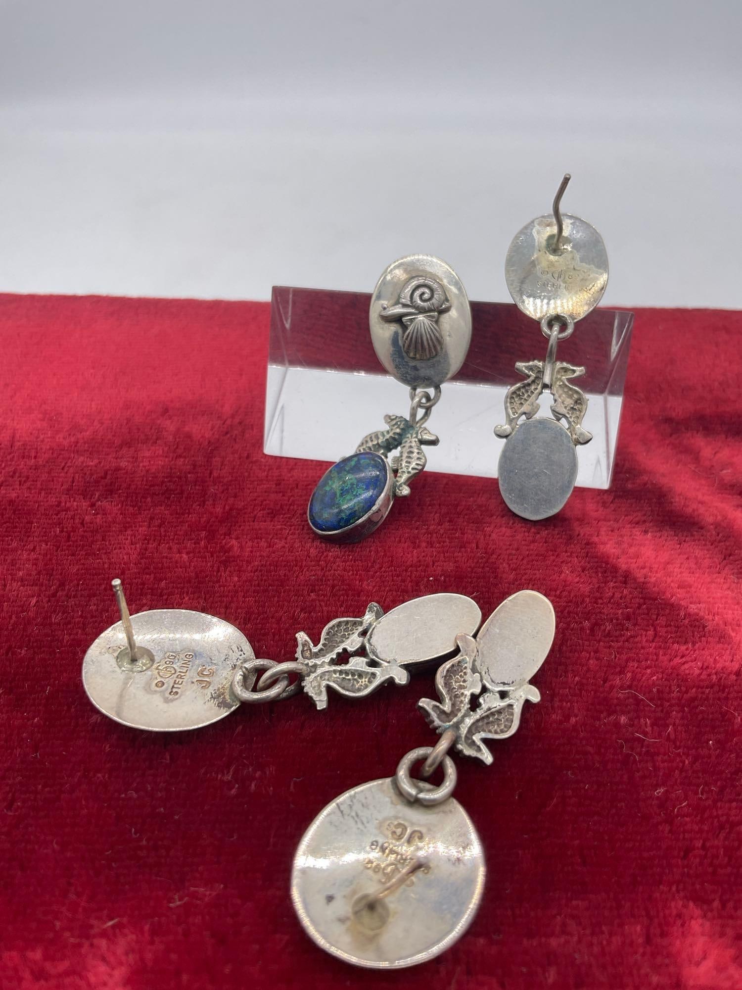 2x pair of vintage sterling silver Carol Felley Native American inspired Seahorse earrings - 2
