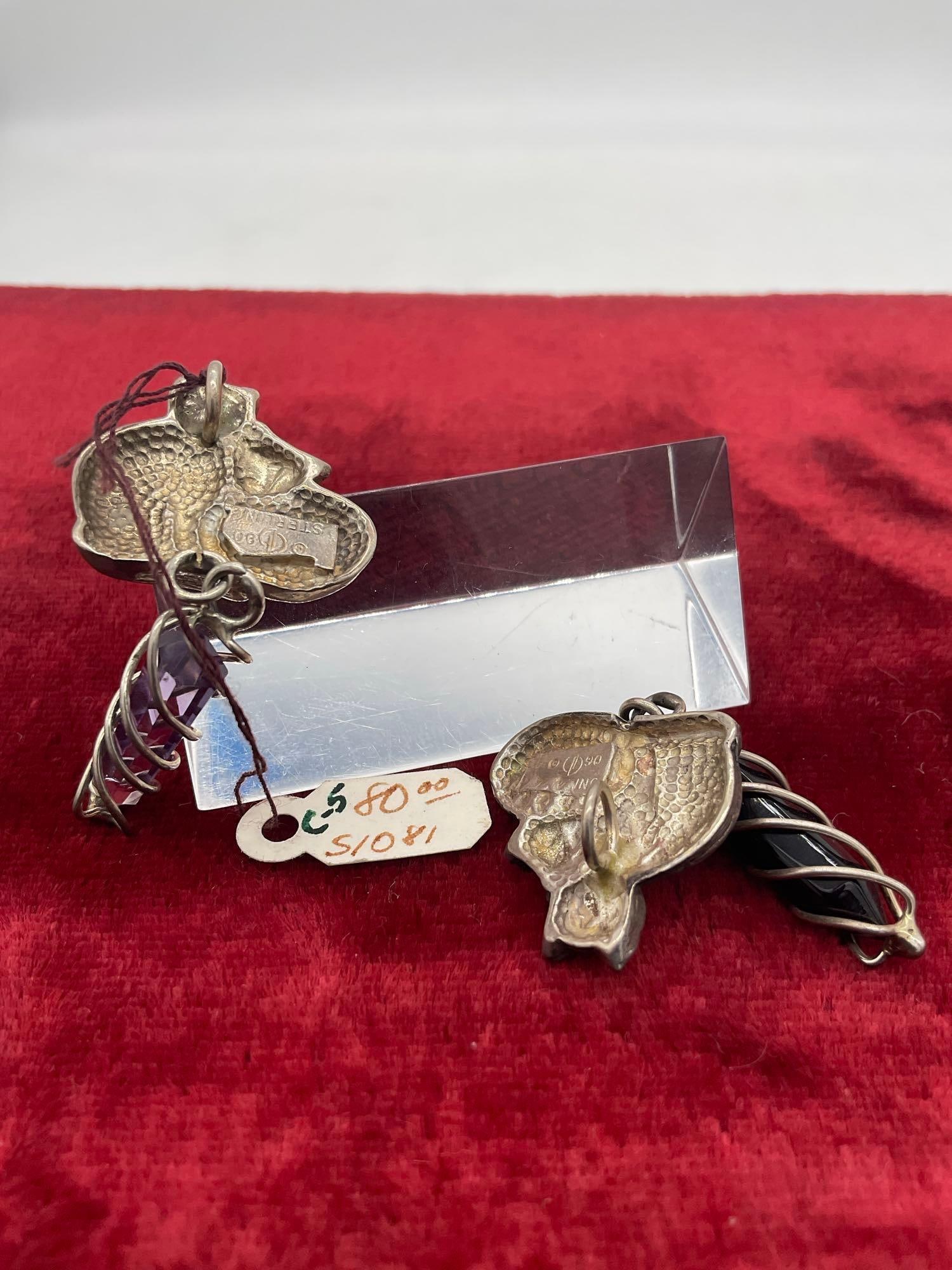 Vintage sterling silver Carol Felley 1990 cat pendants with amethyst and onyx crystal stones - 2