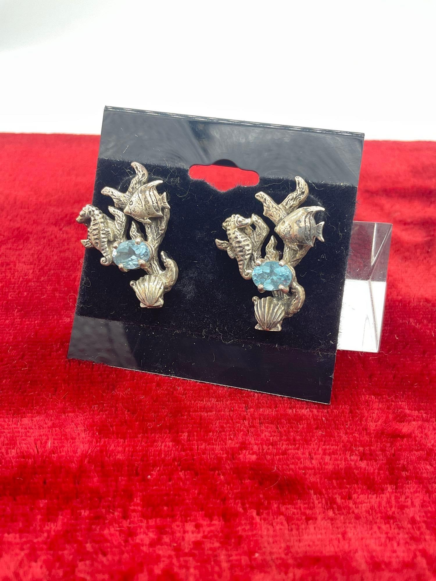 Vintage sterling silver Carol Felley aquatic life earrings with blue topaz ft. a coral fish scene: rare aquatic scene from Carol Felley