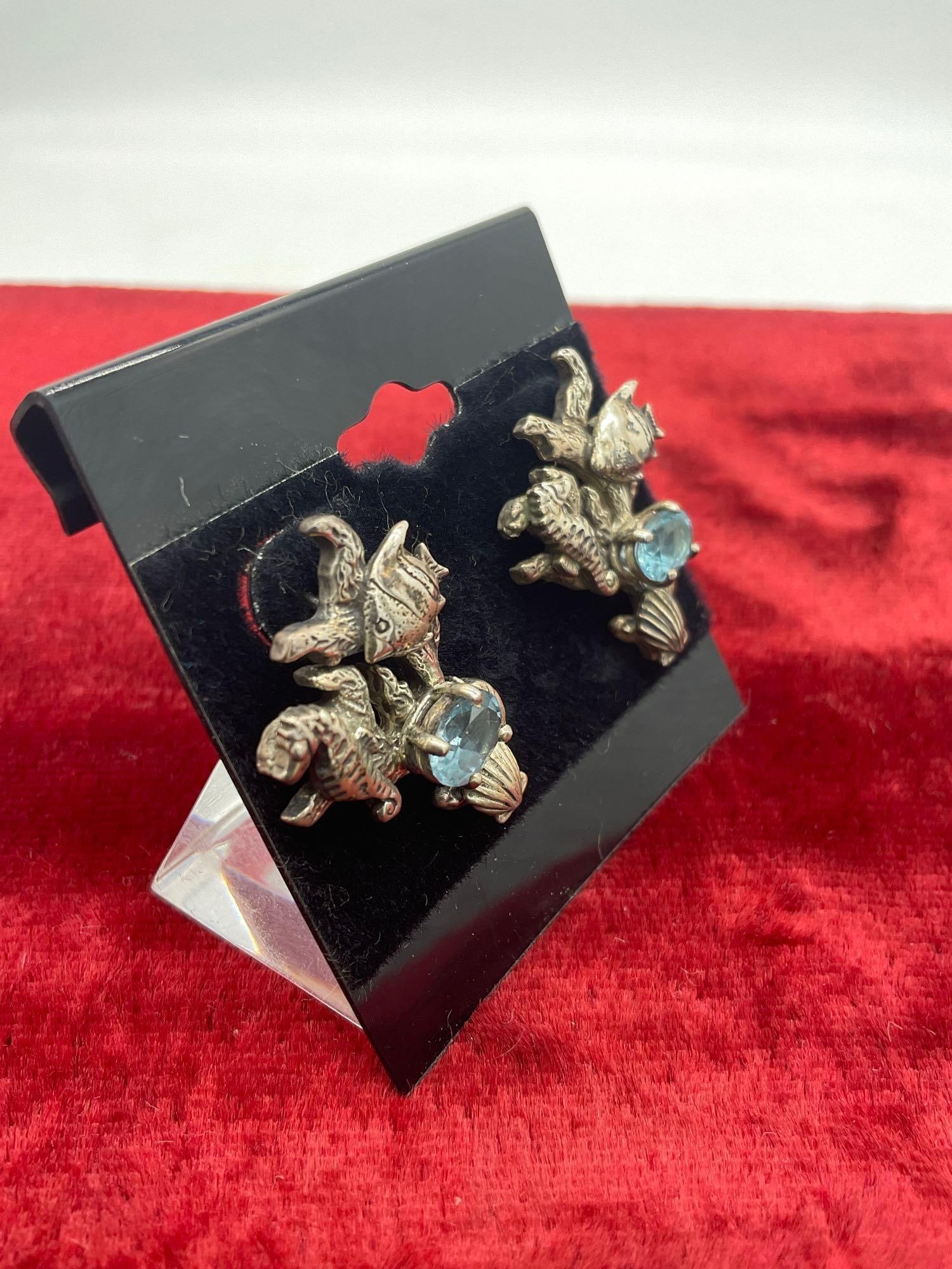 Vintage sterling silver Carol Felley aquatic life earrings with blue topaz ft. a coral fish scene - 2