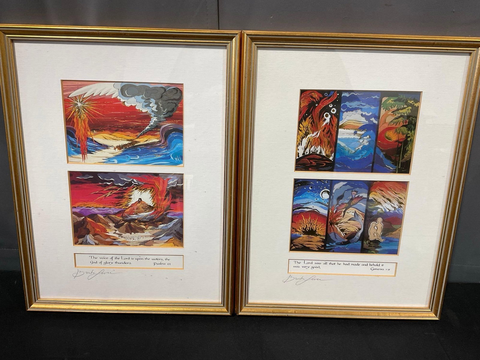 Pair of Framed Religious Art, Six Days of Creation & In The Desert by Bracha Lavee, 18h x 14w inc...: Appears to be in good shape. The piece measures approx 18h x 14w x 4d inches. See pics. E-5860