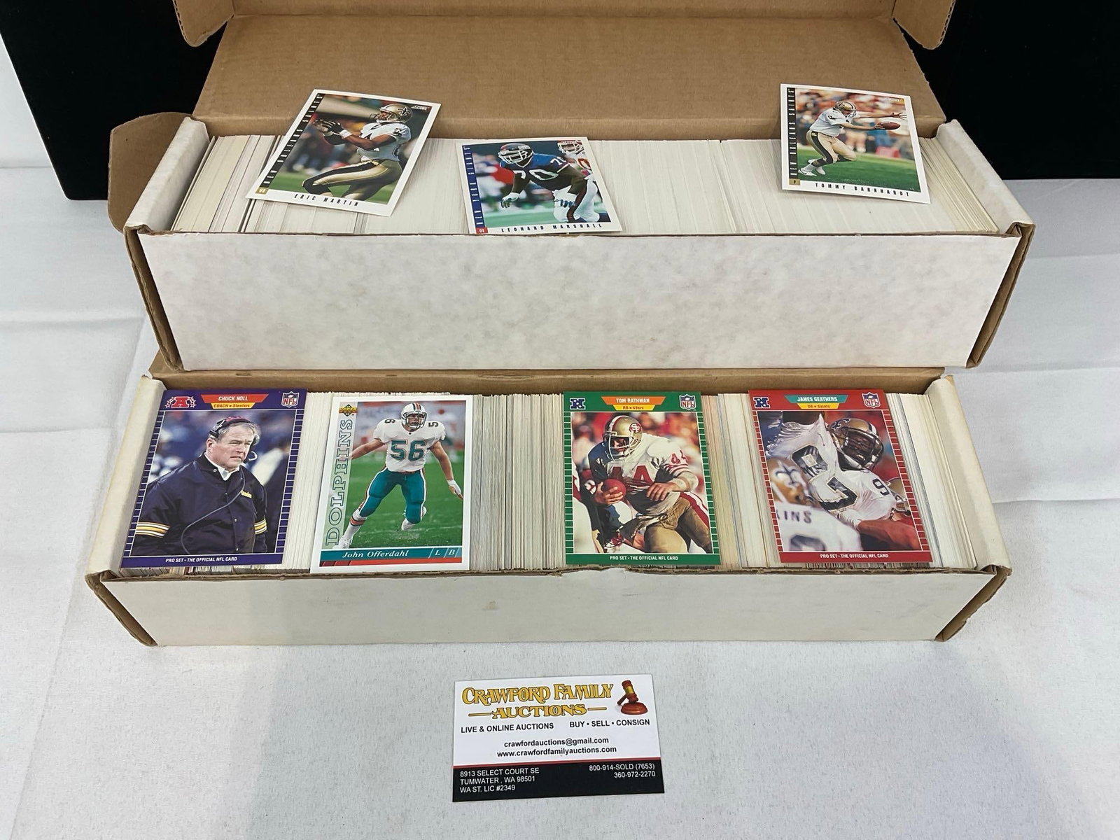 2 Boxes of Sports Cards, 2750+ approx, Football NFL Pro, Upper Deck, Score & more: Appears to be in good shape. The piece measures approx 7h x 15w x 5d inches. See pics. E-5940