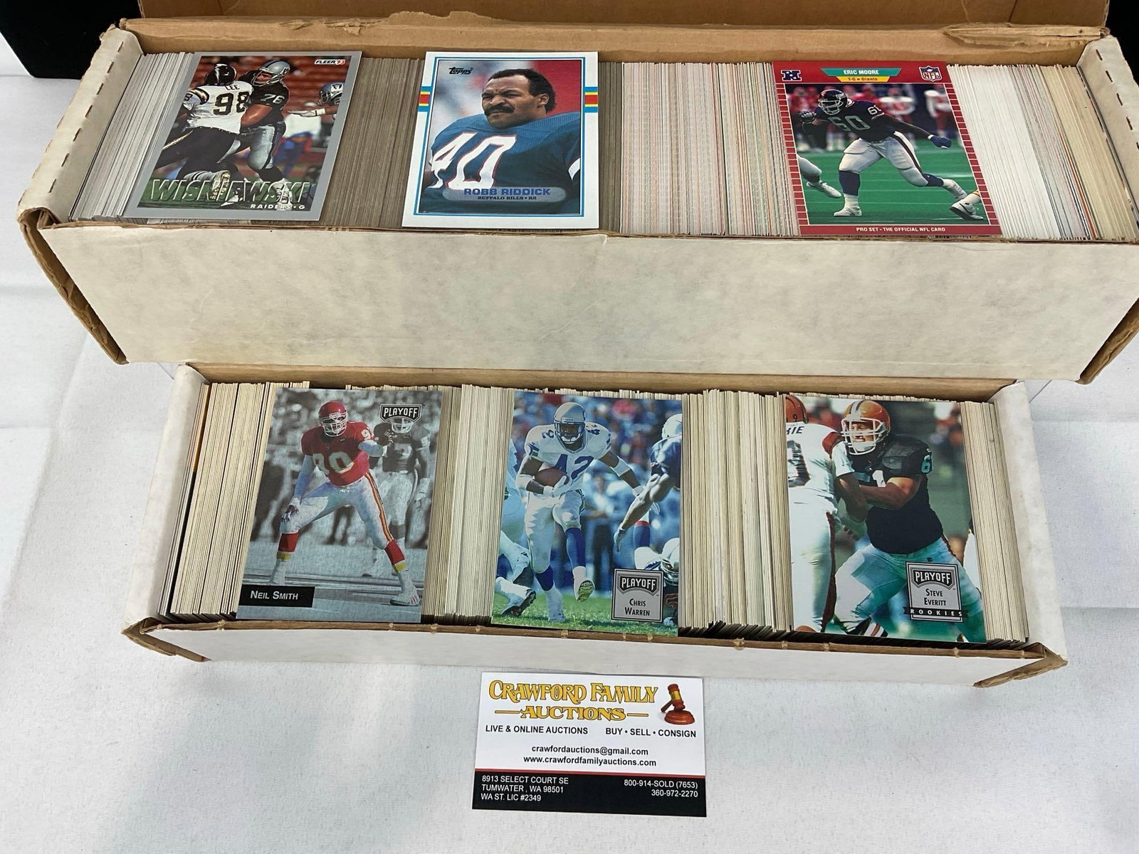 2 Boxes of Football Cards, Topps, Playoff, Fleer, & NFL Pro, approx 2250+ cards: Appears to be in good shape. The piece measures approx 7h x 15w x 5d inches. See pics. E-5940