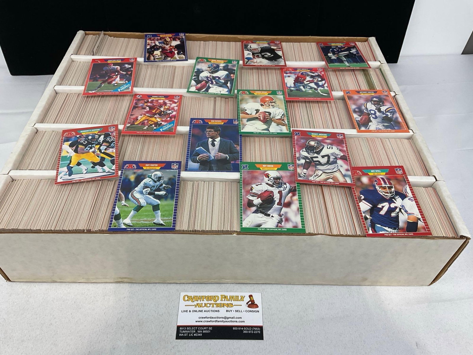 Vintage Football Cards, 1989 NFL Pro Series, looks to be the whole box, 5000+ cards approx: Appears to be in good shape. The piece measures approx 6h x 20w x 17d inches. See pics. E-5940