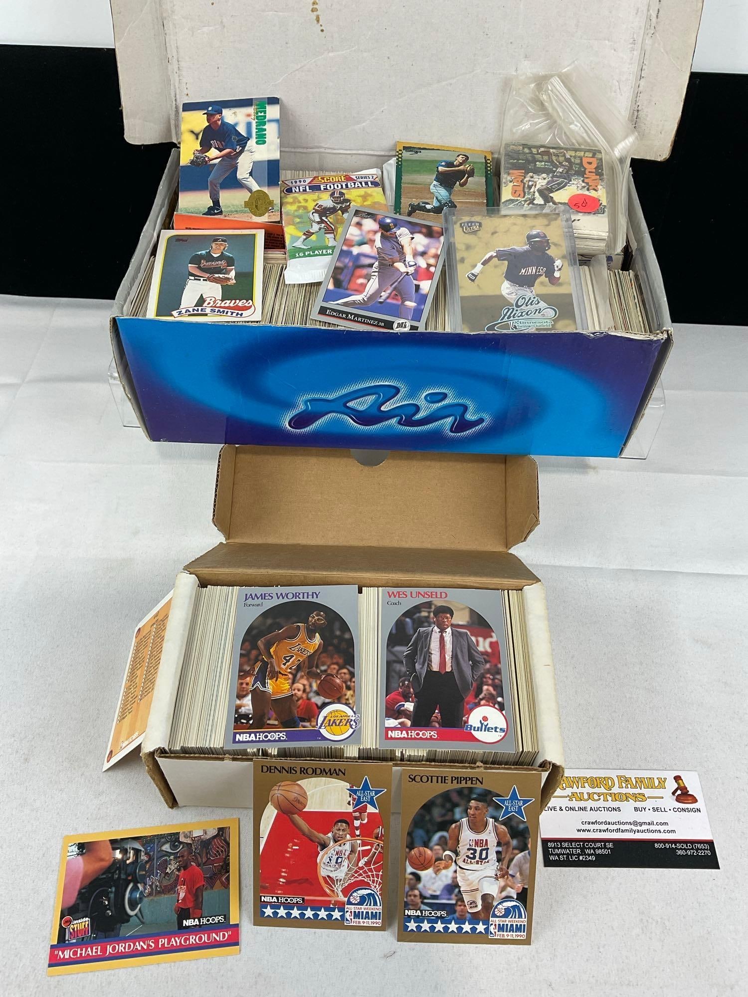NBA Hoops Basketball, & Shoebox full of Baseball & more sports cards, mix of brands: Appears to be in good shape. The piece measures approx 8h x 13w x 8d inches. See pics. E-5940