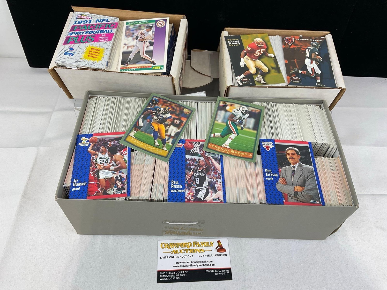 3 Boxes of 90s Sports Cards, Fleer, Topps, Score, Skybox, approx 3000+ cards: Appears to be in good shape. The piece measures approx 8h x 14w x 8d inches. See pics. E-5940
