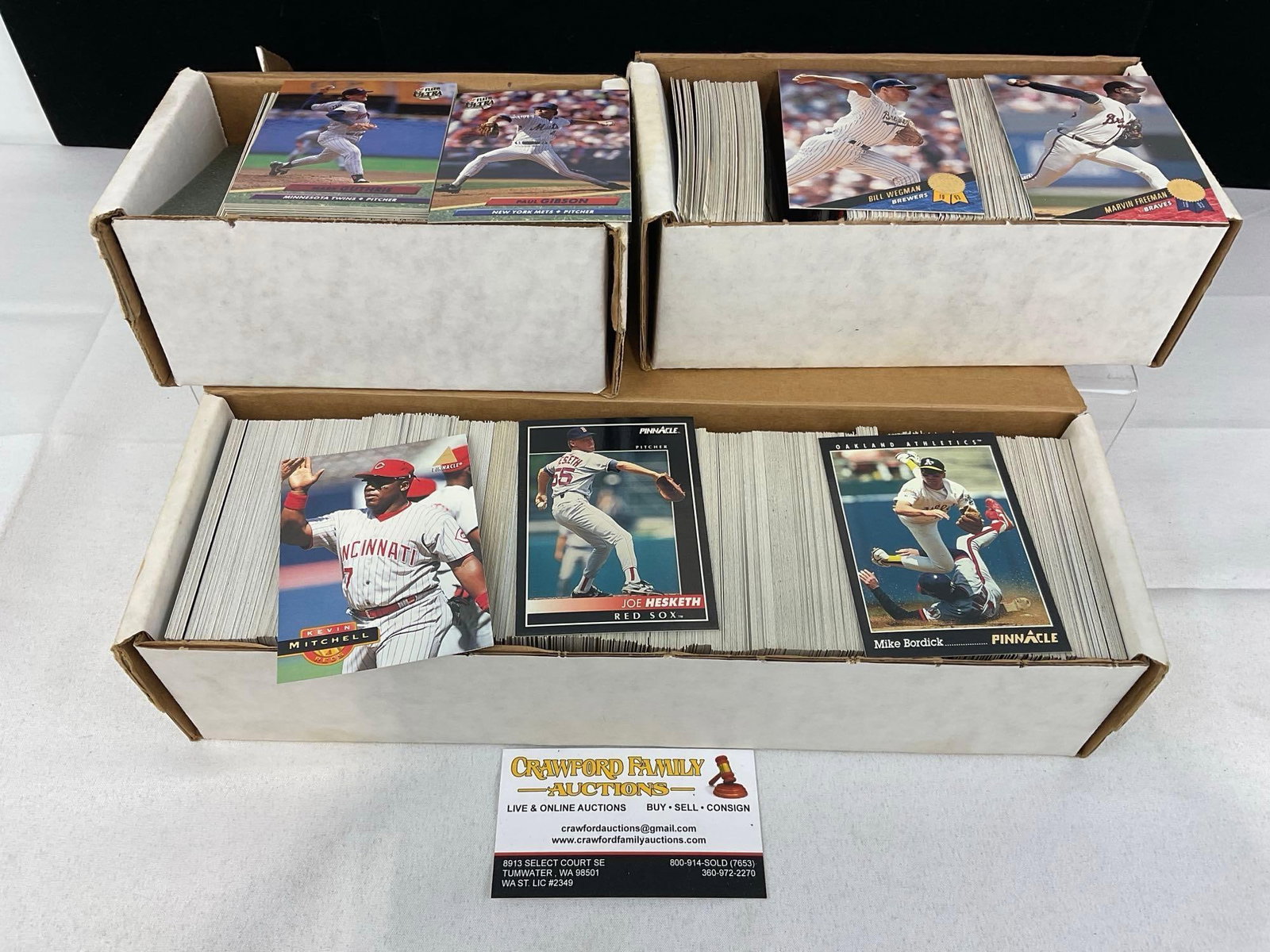 3 Boxes of Sports Cards, looks to be largely Baseball Pitchers, Pinnacle, Fleer Ultra, approx 2250+: Appears to be in good shape. The piece measures approx 7h x 15w x 5d inches. See pics. E-5940