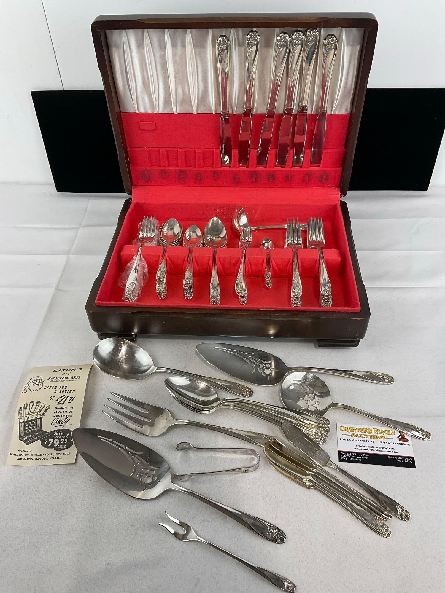 Vintage Silver Plate Flatware Set, 1847 Rogers Bros, approx 60 pcs, Flair pattern w/Case: Appears to be in good shape. The piece measures approx inches. See pics. E-5950