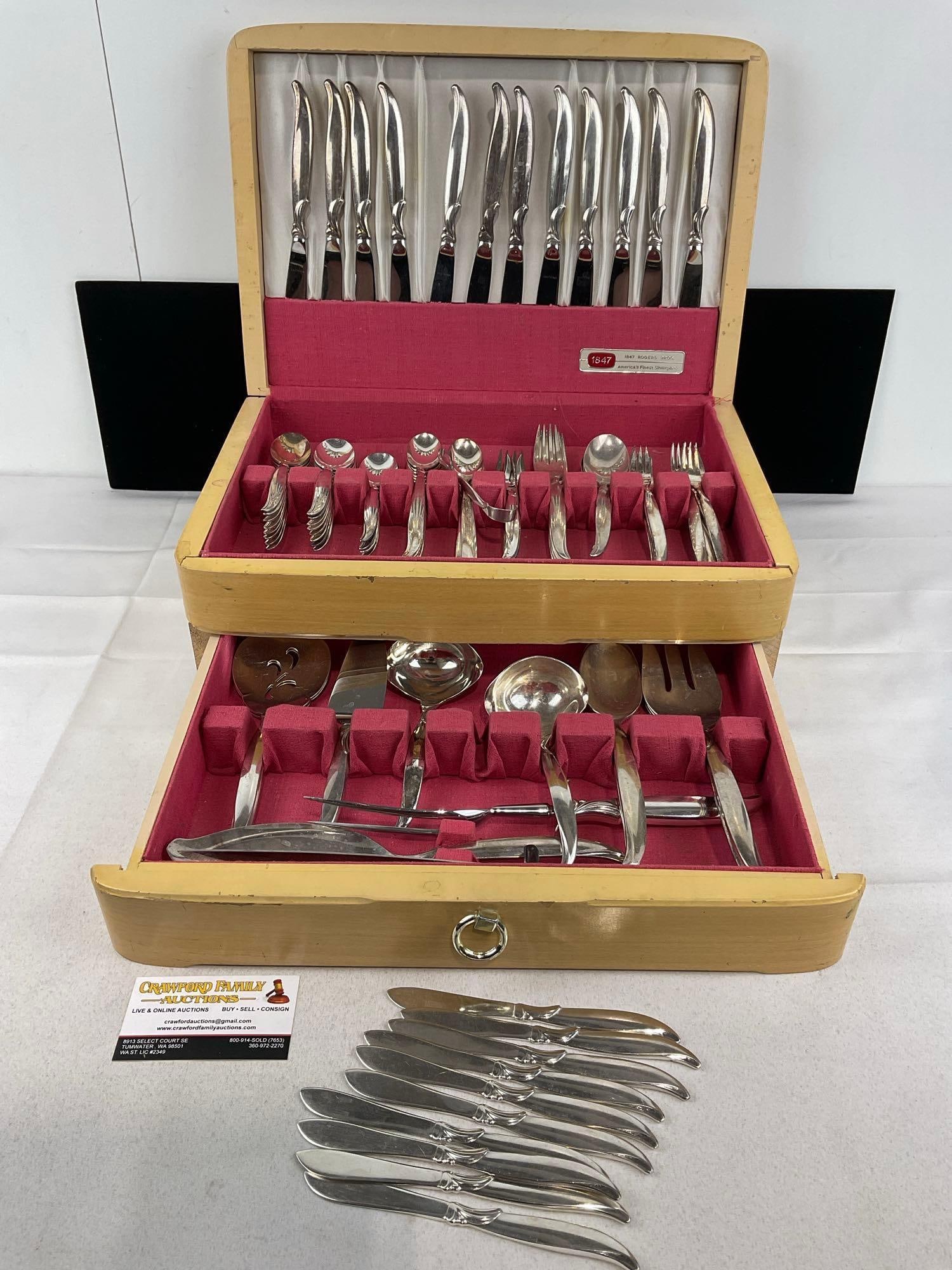 1847 Rogers Bros Silver Plated Flatware, approx 82 pieces, w/case: Appears to be in good shape. The piece measures approx 7h x 17w x 12d inches. See pics. E-5950