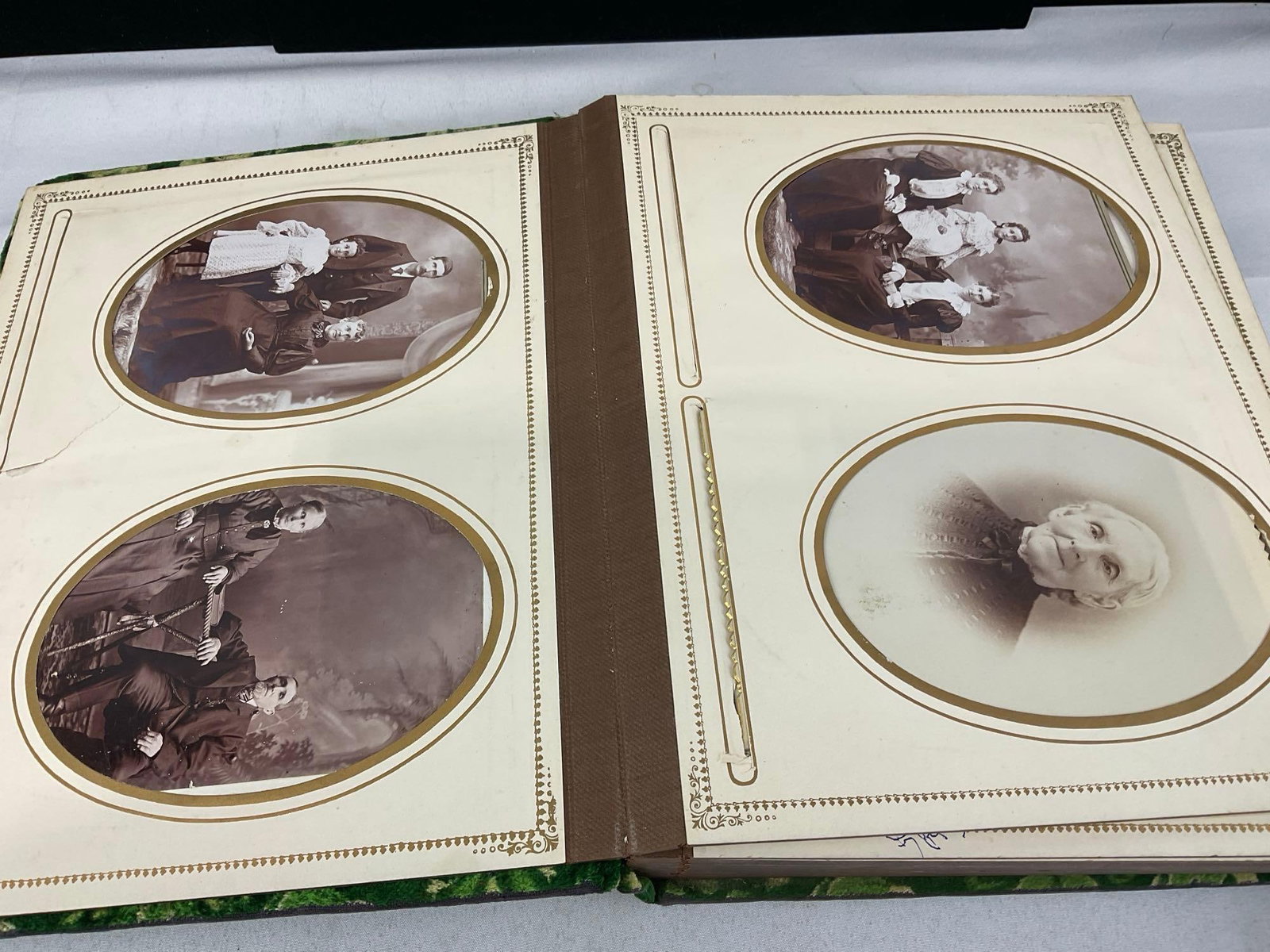 Antique Victorian Photo Album & Brass Stand w/Drawer, Green Velvet Cover w/Antique Photos - 11