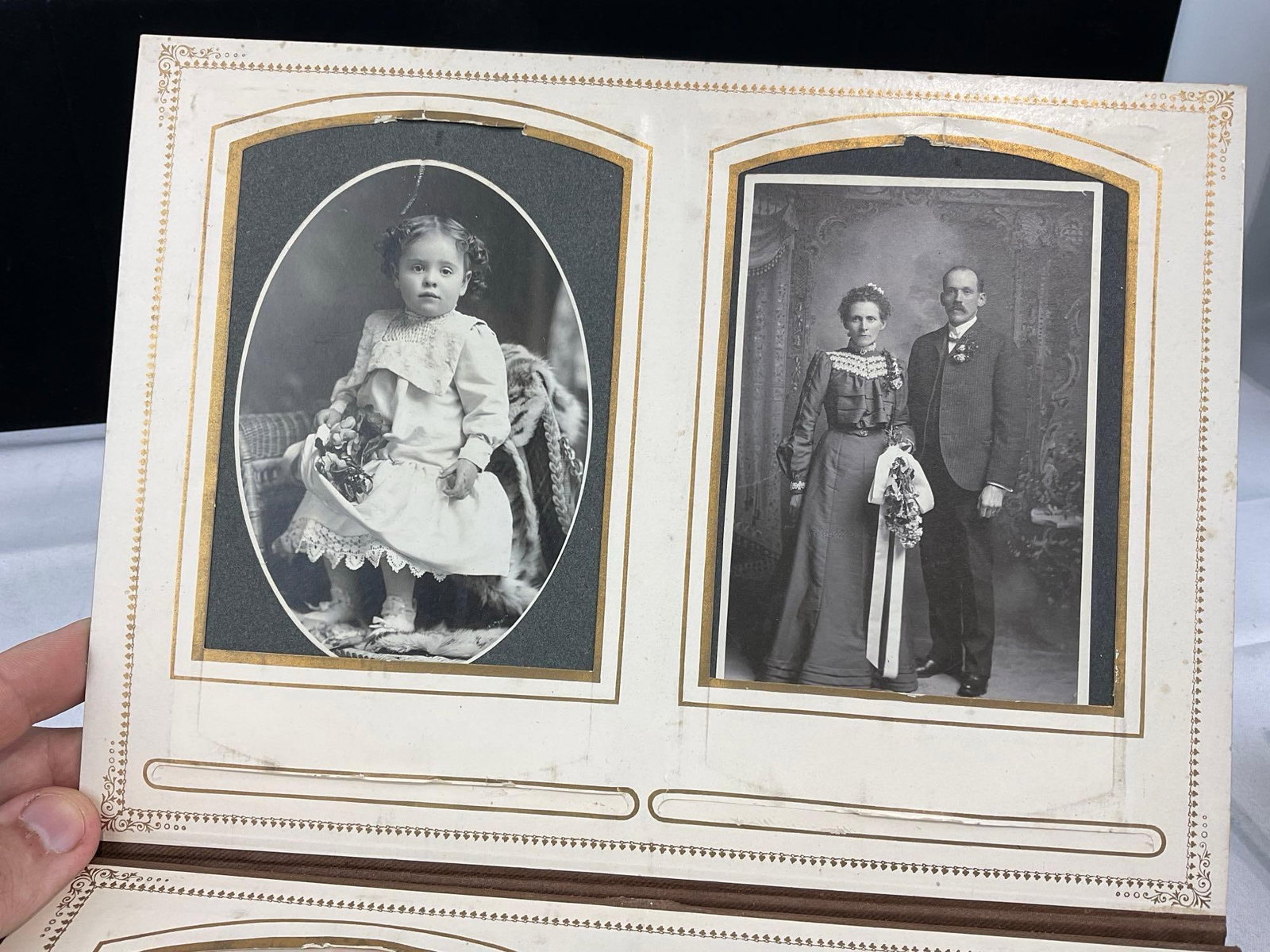 Antique Victorian Photo Album & Brass Stand w/Drawer, Green Velvet Cover w/Antique Photos - 14