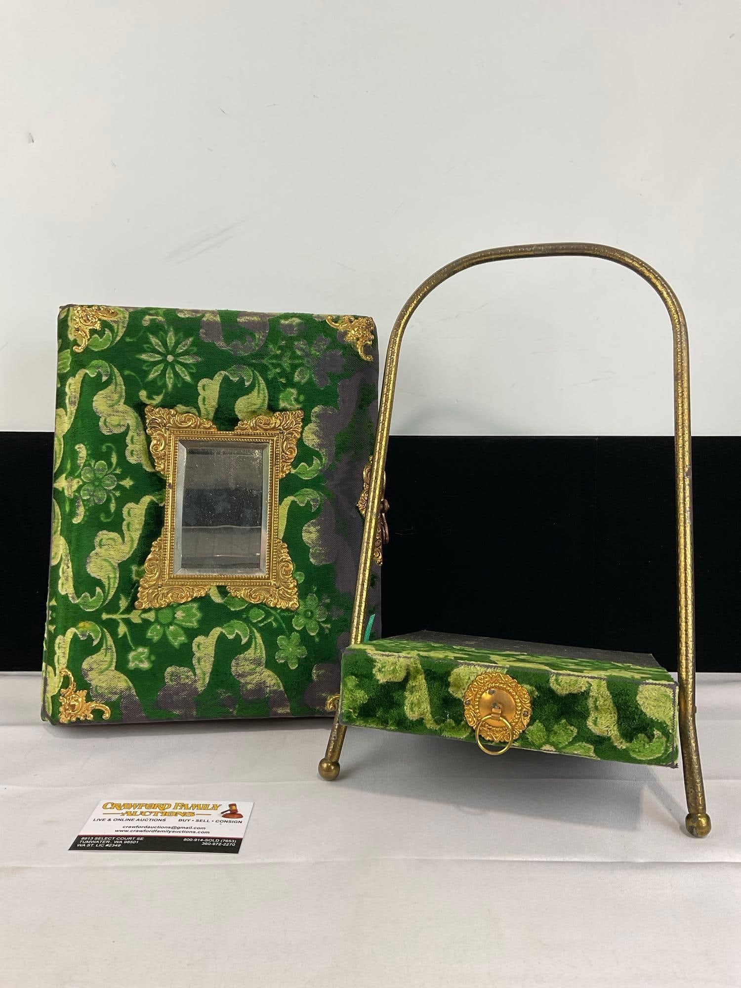 Antique Victorian Photo Album & Brass Stand w/Drawer, Green Velvet Cover w/Antique Photos (1 of 16)