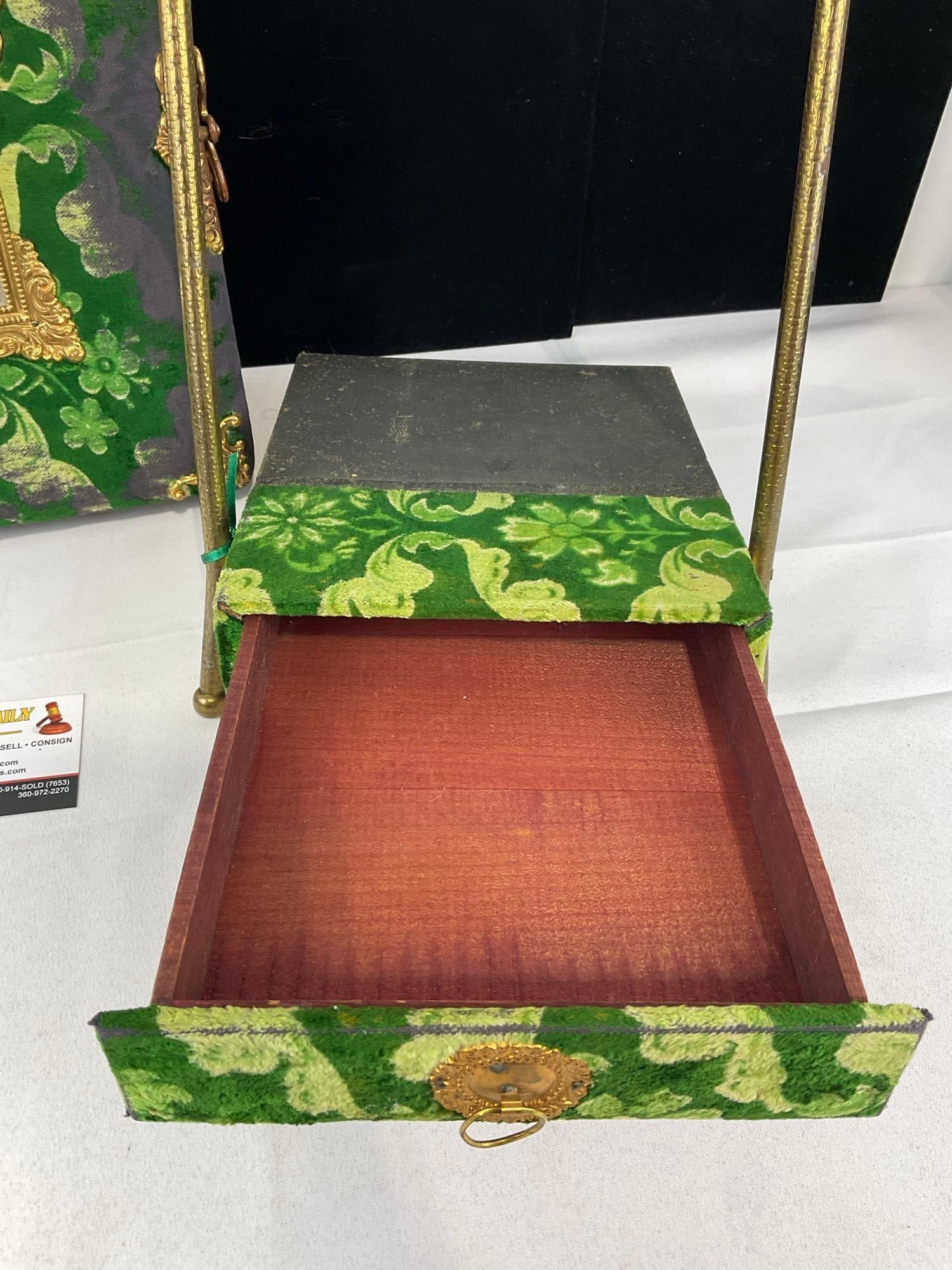 Antique Victorian Photo Album & Brass Stand w/Drawer, Green Velvet Cover w/Antique Photos - 4