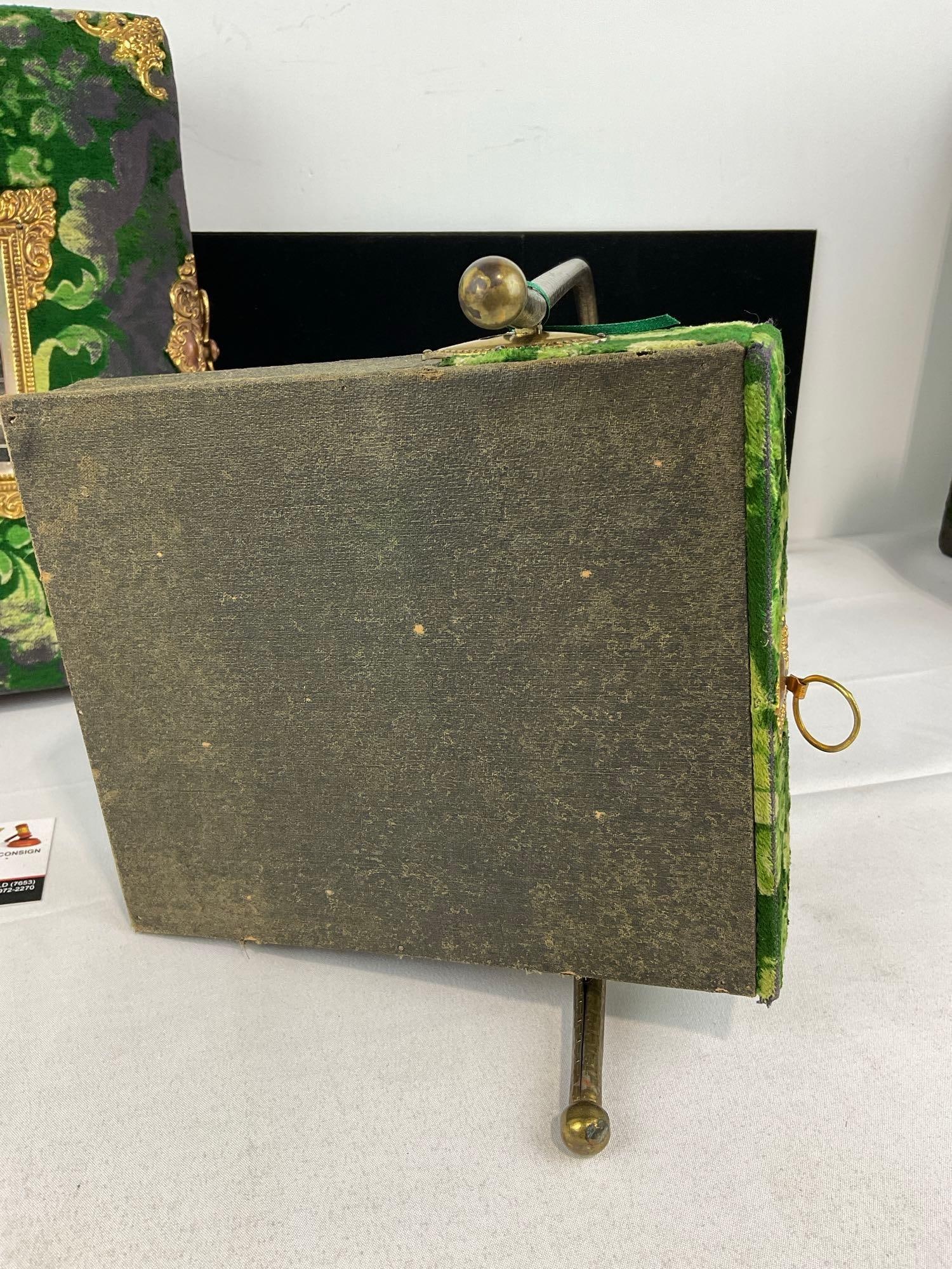 Antique Victorian Photo Album & Brass Stand w/Drawer, Green Velvet Cover w/Antique Photos - 5