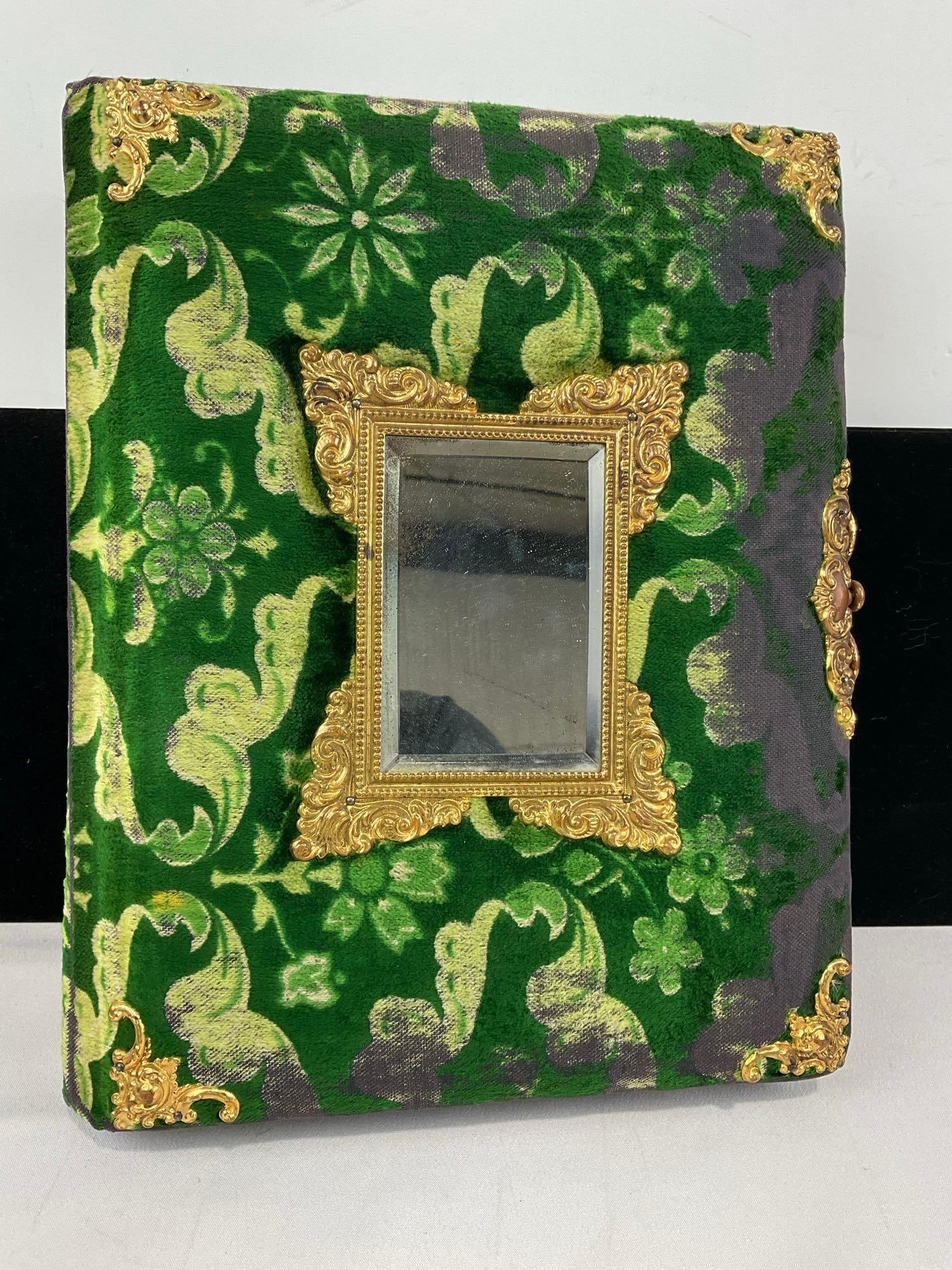 Antique Victorian Photo Album & Brass Stand w/Drawer, Green Velvet Cover w/Antique Photos - 6