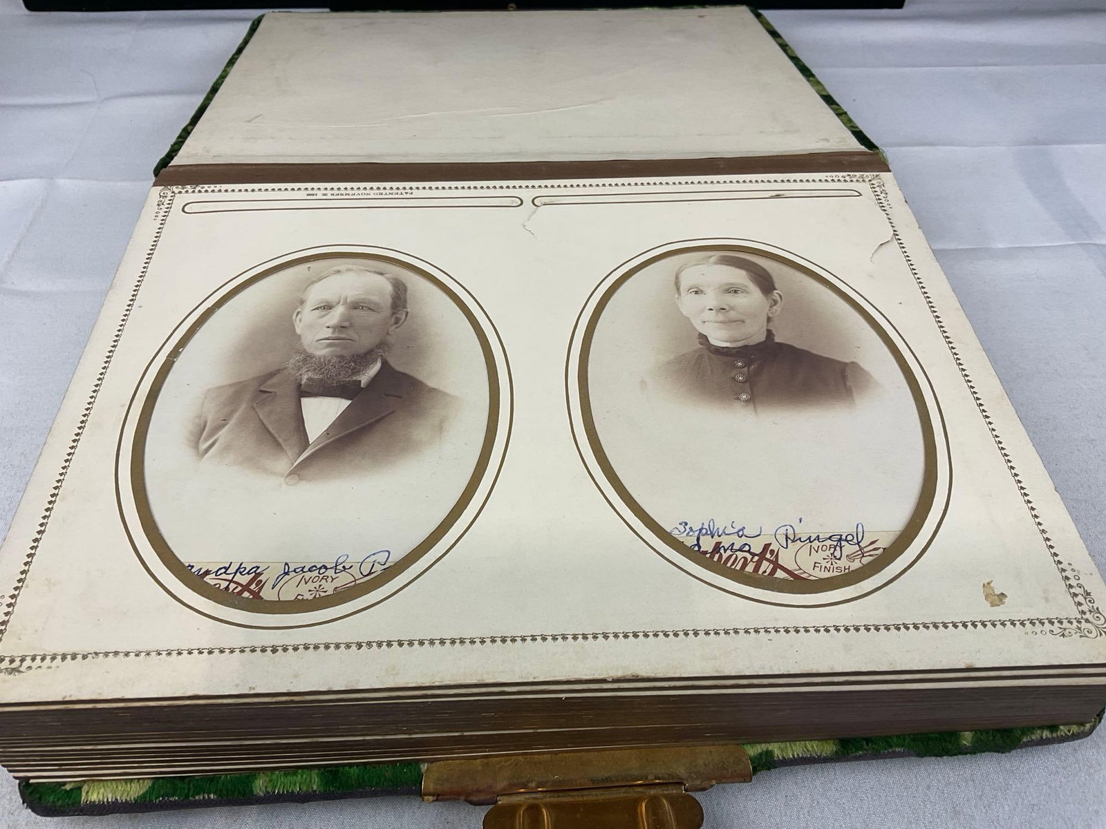 Antique Victorian Photo Album & Brass Stand w/Drawer, Green Velvet Cover w/Antique Photos - 8