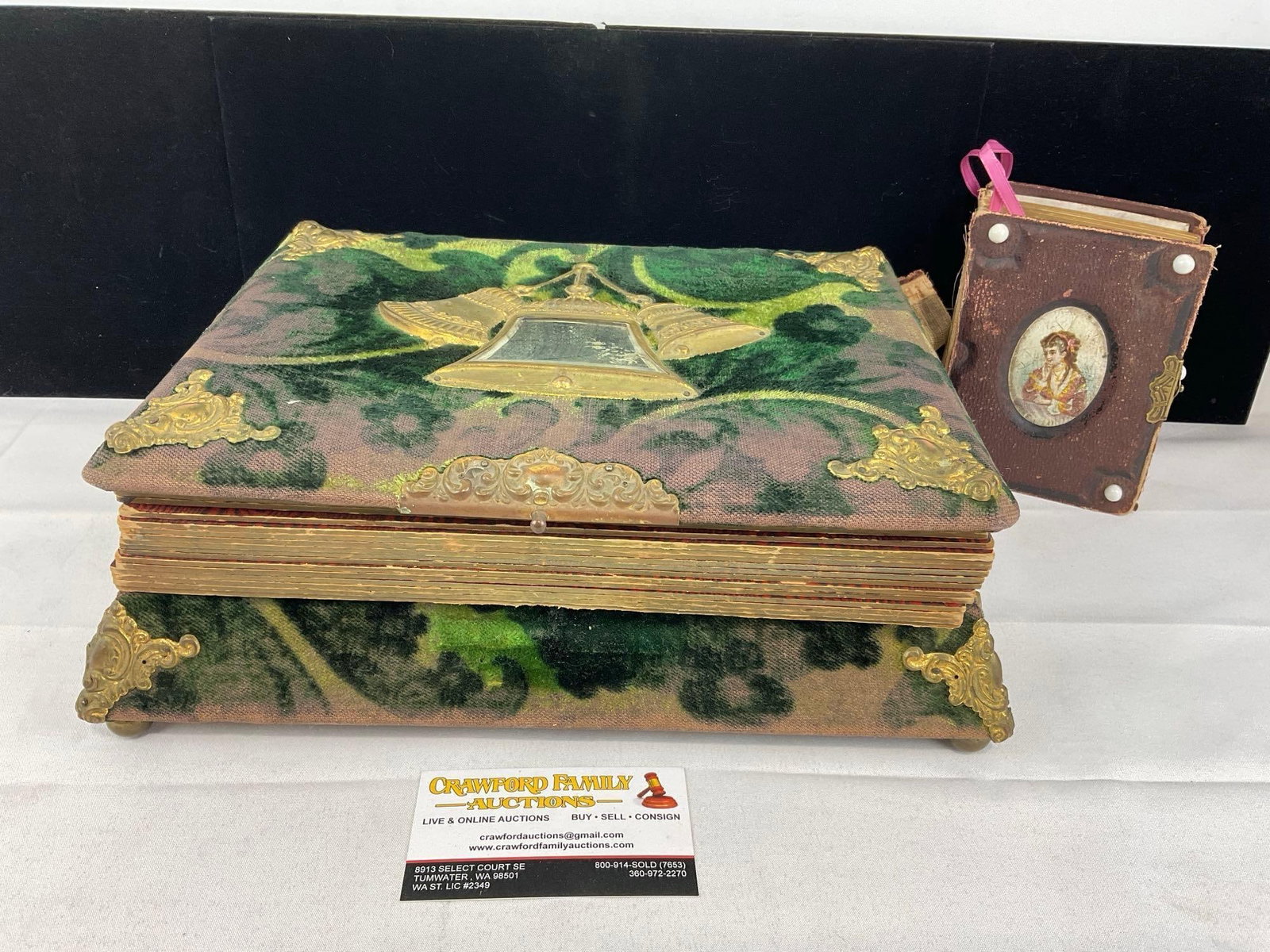 Antique Green Velvet Photo Album Funeral Box & Small Photo Album, no photos incl. w/Brass Hardware (1 of 8)
