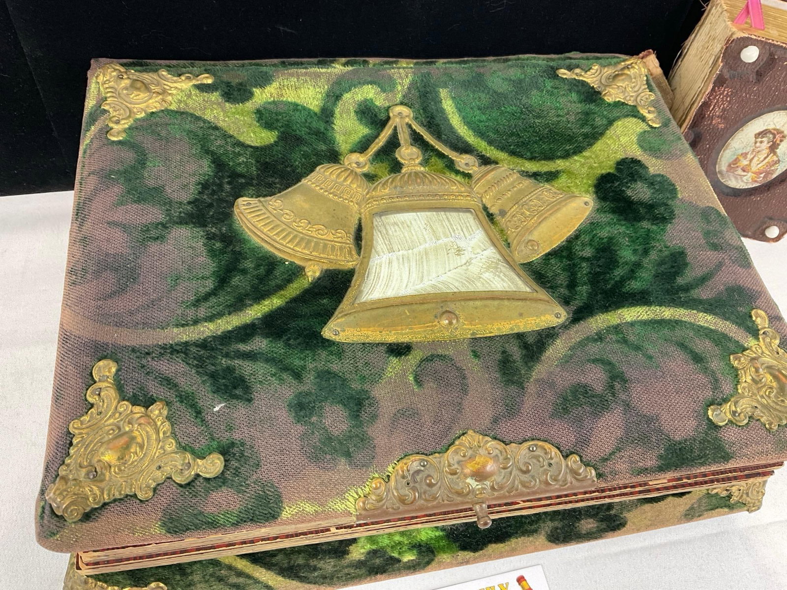 Antique Green Velvet Photo Album Funeral Box & Small Photo Album, no photos incl. w/Brass Hardware - 2