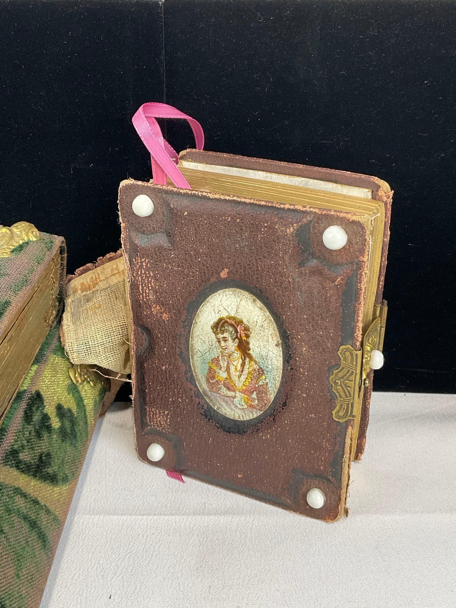 Antique Green Velvet Photo Album Funeral Box & Small Photo Album, no photos incl. w/Brass Hardware - 3