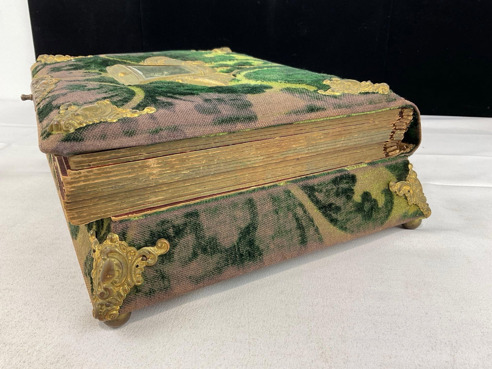 Antique Green Velvet Photo Album Funeral Box & Small Photo Album, no photos incl. w/Brass Hardware - 6