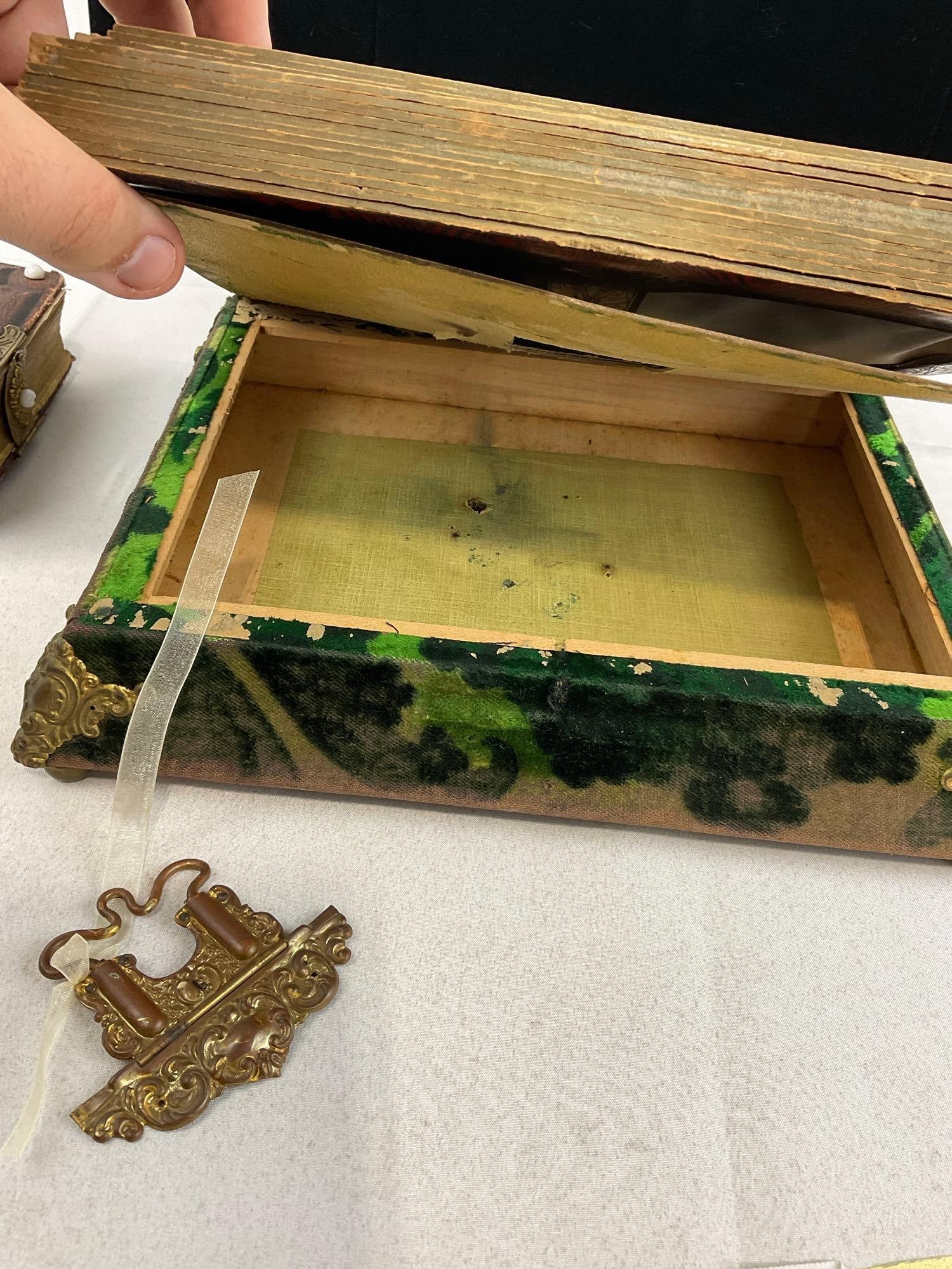 Antique Green Velvet Photo Album Funeral Box & Small Photo Album, no photos incl. w/Brass Hardware - 8