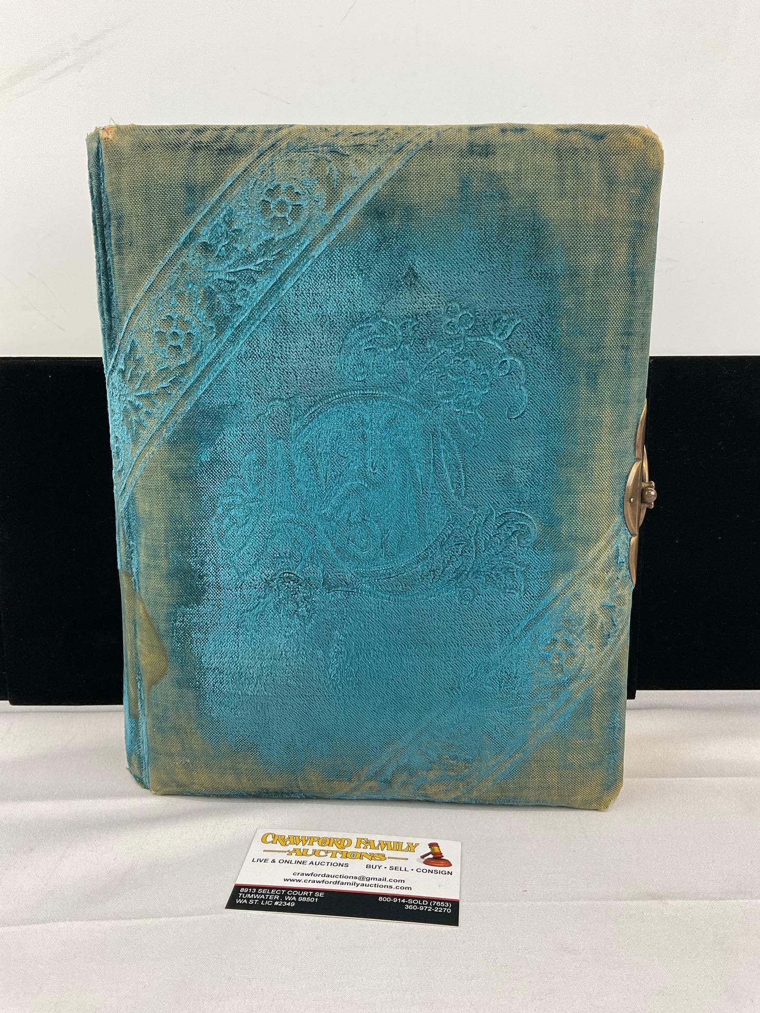 Antique Blue Velvet Photo Album w/photos, 13h x 10w x 5d inches, some wear: Appears to be in fair to good shape, the piece shows wear from over the years. The piece measures approx 13h x 10w x 5d inches. See pics. E-5950