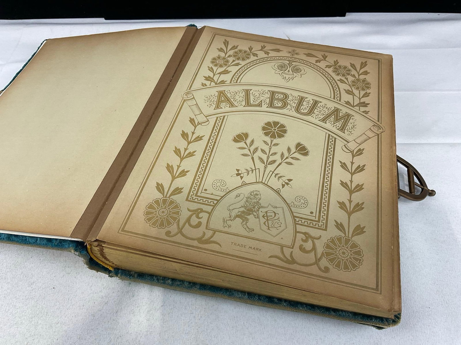 Antique Blue Velvet Photo Album w/photos, 13h x 10w x 5d inches, some wear - 2