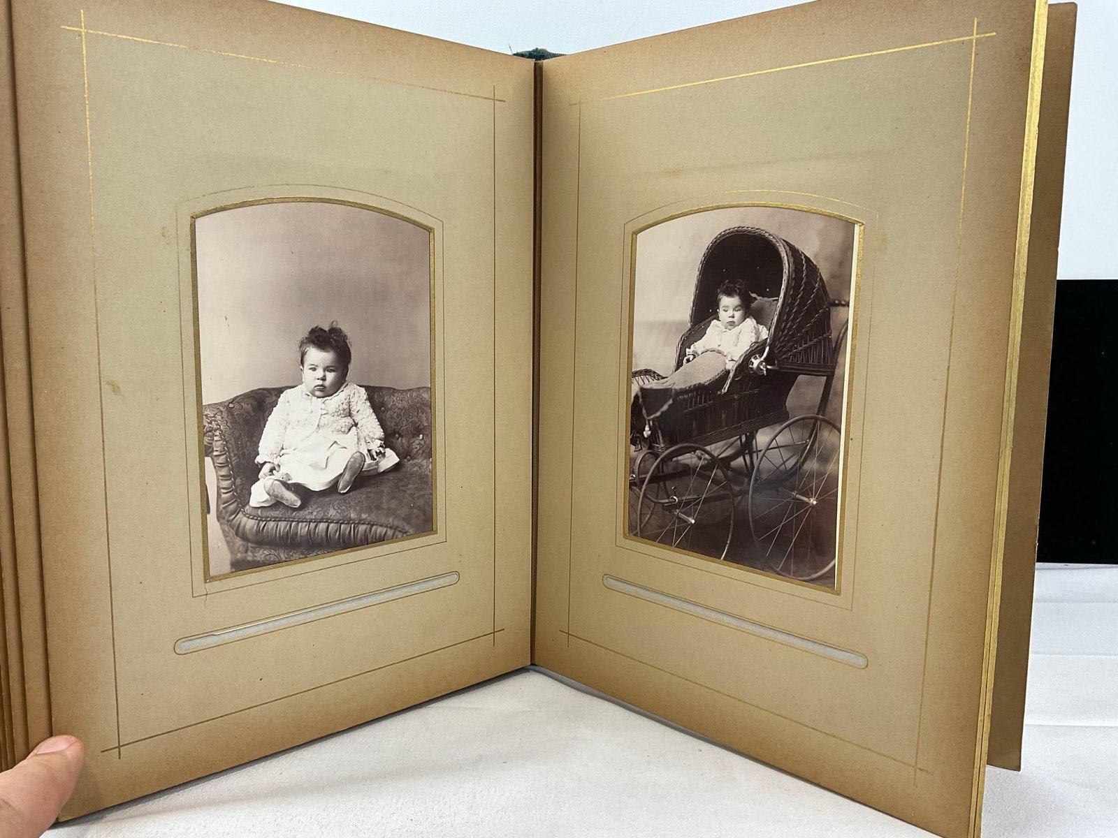 Antique Blue Velvet Photo Album w/photos, 13h x 10w x 5d inches, some wear - 6