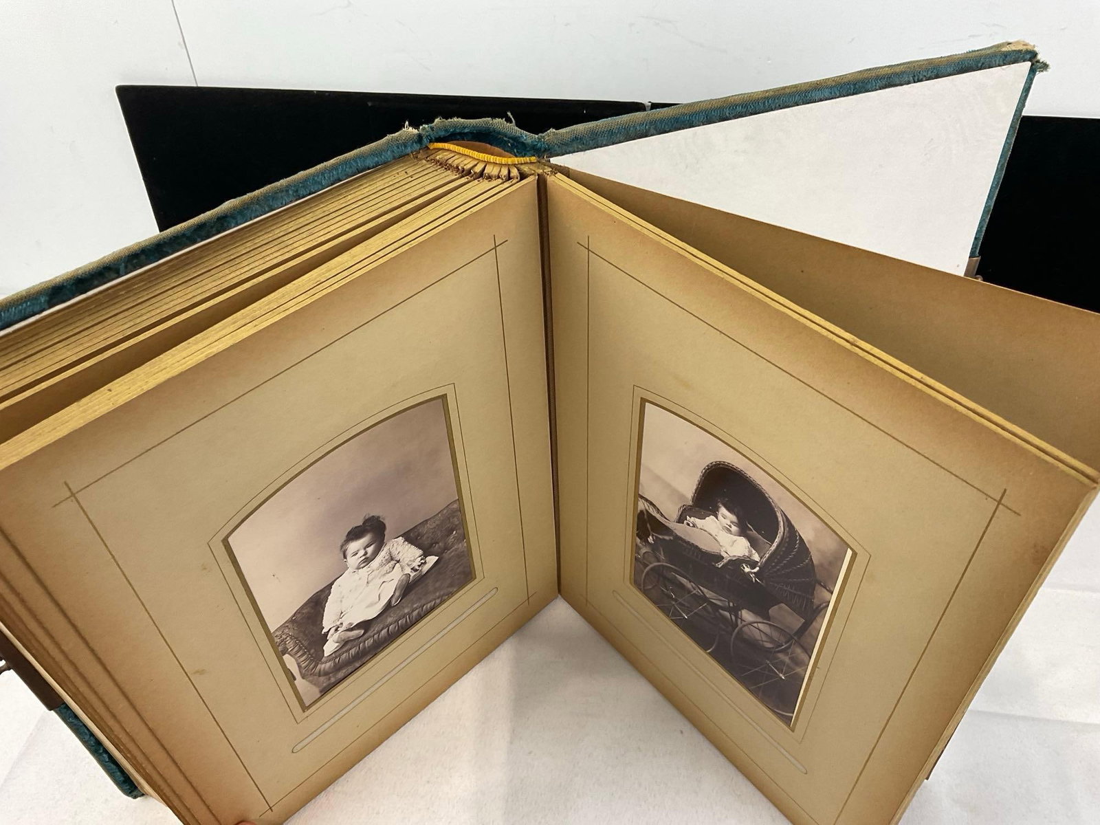 Antique Blue Velvet Photo Album w/photos, 13h x 10w x 5d inches, some wear - 7
