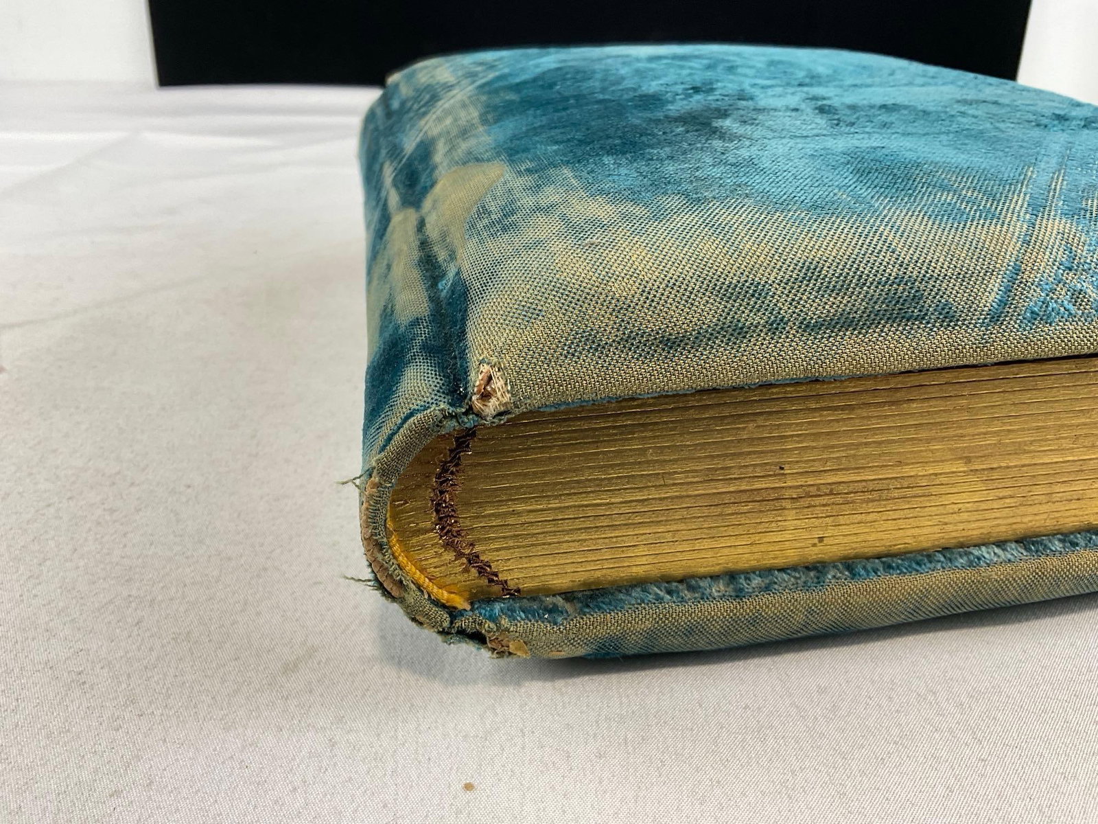 Antique Blue Velvet Photo Album w/photos, 13h x 10w x 5d inches, some wear - 8