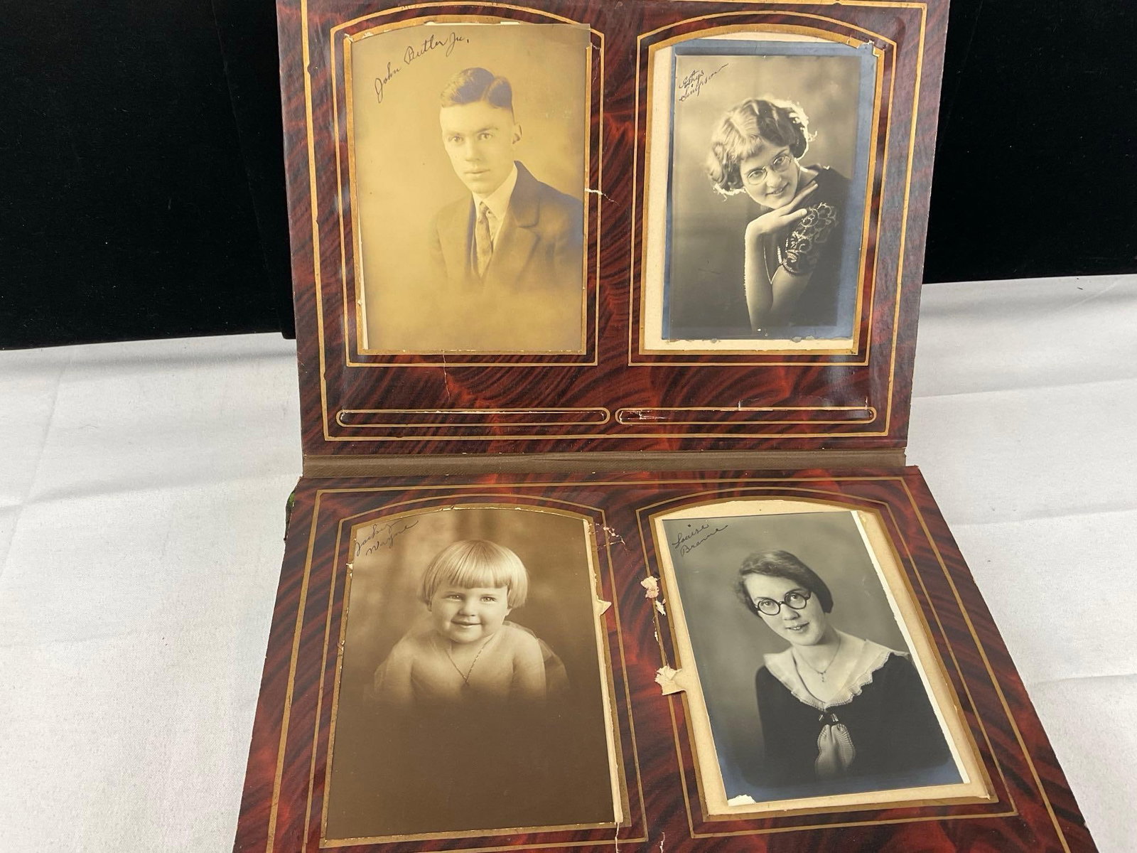 Antique Worn Green Velvet Photo Album w/Brass & Mirror, w/photos - 10